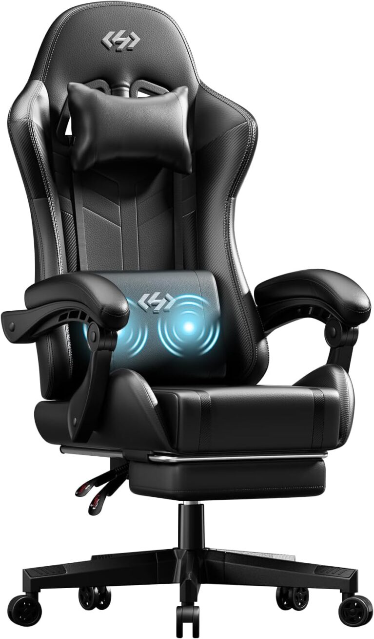 HLONONE Gaming-Stuhl mit Massagefunktion, ergonomischer Gamer-Stuhl, Racing-Gaming-Stuhl mit Fußstütze, Kopfstütze und Massage-Lendenkissen, gepolsterter PC-Stuhl, 150 kg Tragkraft, Schwarz