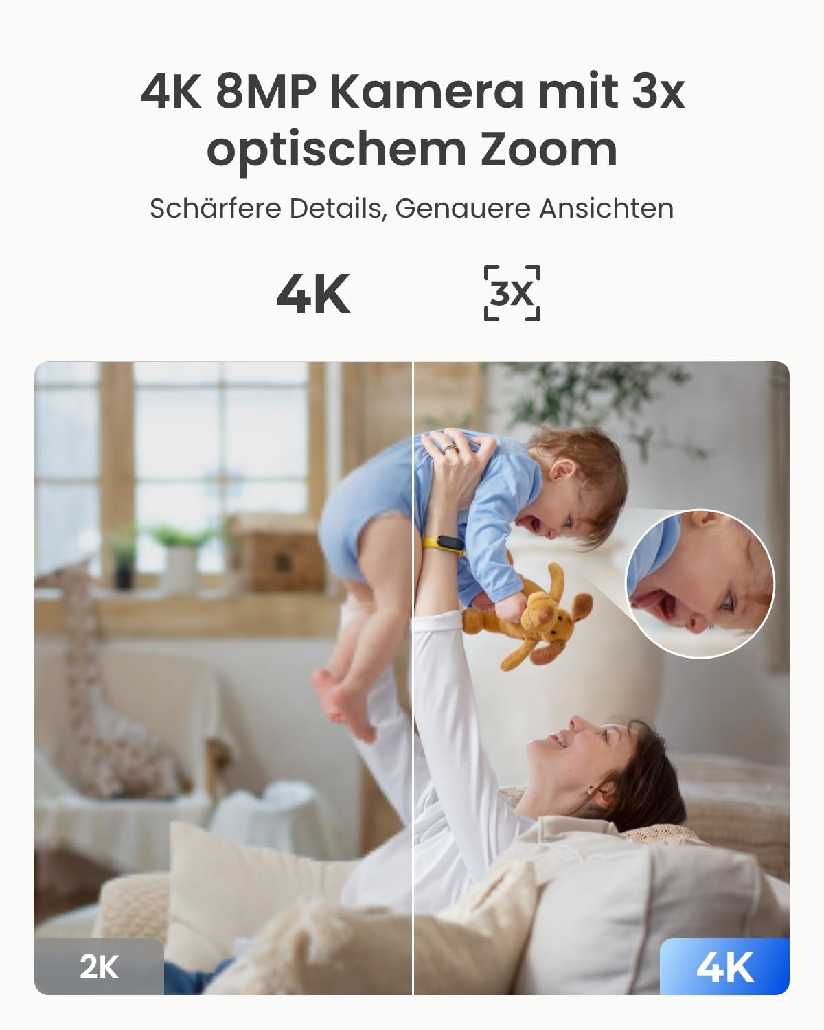 Reolink 4K PTZ WLAN-Überwachungskamera für den Innenbereich, 2,4/5 GHz Wi-Fi 6, Babyphone mit Kamera, 3-fach optischer Zoom, Autoverfolgung, Innenkamera für Kinder, Hundekamera, Erkennung von Menschen/Haustieren/Schreien, E1-Zoom – Bild 2