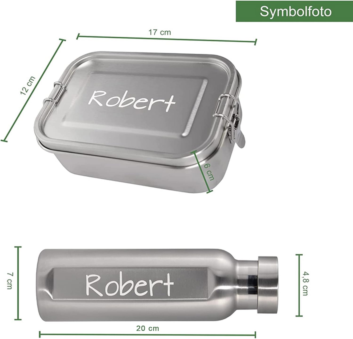 LOOXIS Personalisiertes Edelstahl-Brotdose + Wasserflaschen-Set mit Namensgravur – 800 ml, 470 ml, inkl. Trennwand, auslaufsicher, Bento-Box – Geschenkidee, Schule, Sport, Outdoor, Freizeit – Bild 6