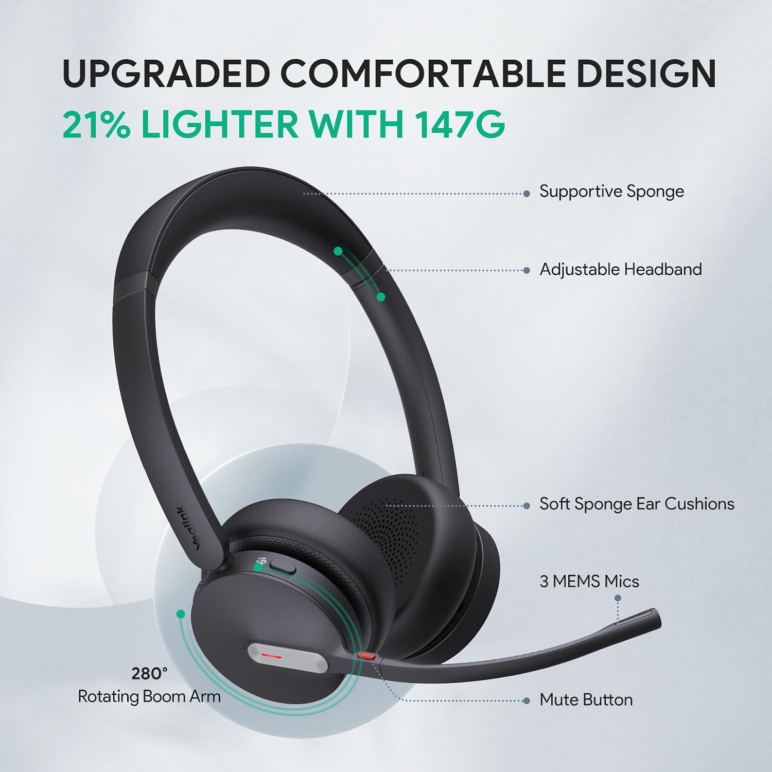 Yealink BH70 Bluetooth-Headset mit Mikrofon für Home Office, Microsoft Teams-zertifizierte Bluetooth-Kopfhörer kabellos bis zu 35 Stunden Sprechzeit, 3 AI-Mikrofon-Rauschunterdrückung, 50 m kabellose Reichweite – Bild 6