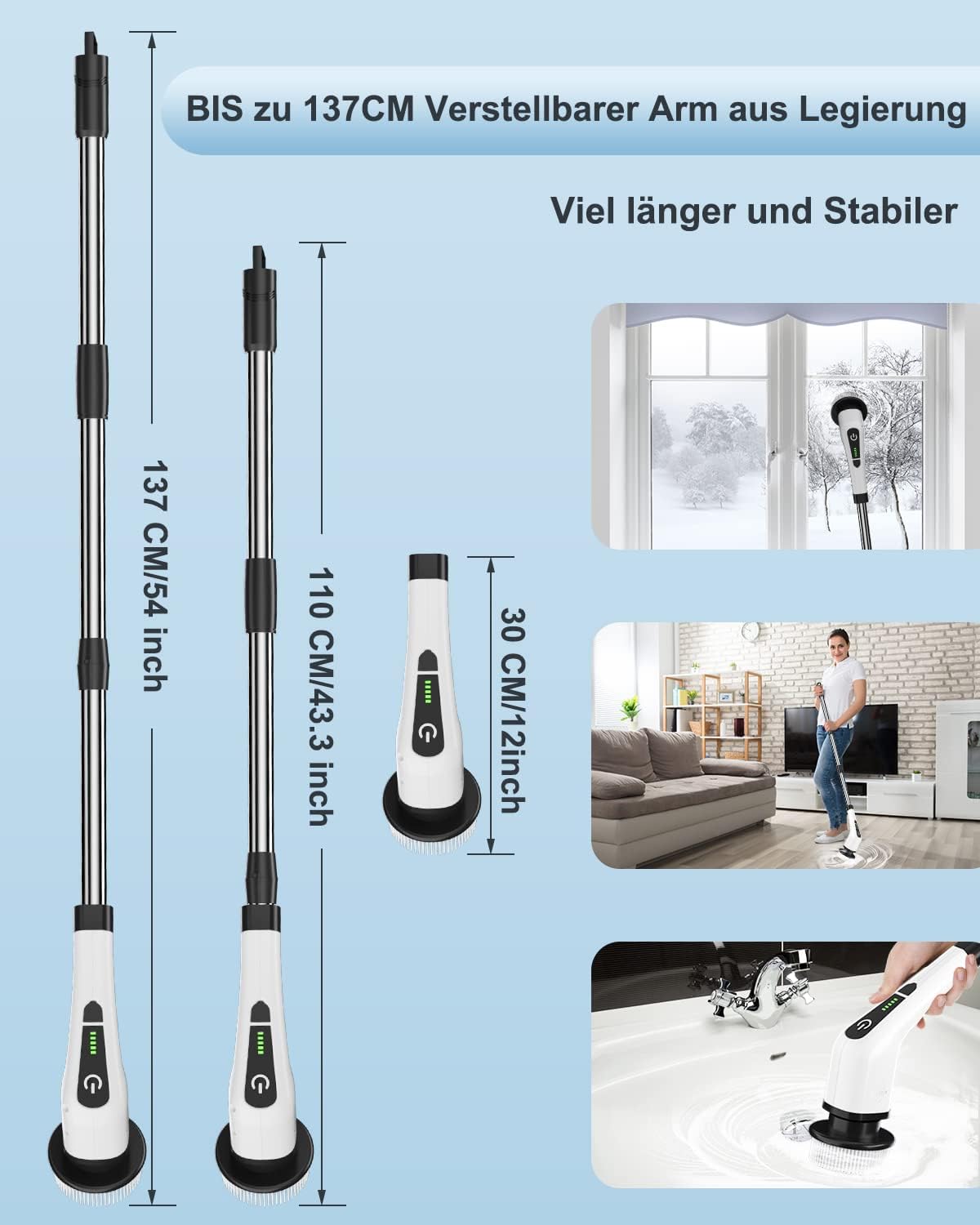 Leebein Elektrische Reinigungsbürste, elektrischer Schleuderschrubber kabellos mit 8 austauschbaren Bohrbürstenköpfen, Wannen- und Bodenfliesen-Mopp-Set mit 137 cm verstellbarem Griff für Badezimmer, Küche, Autoboden – Bild 6