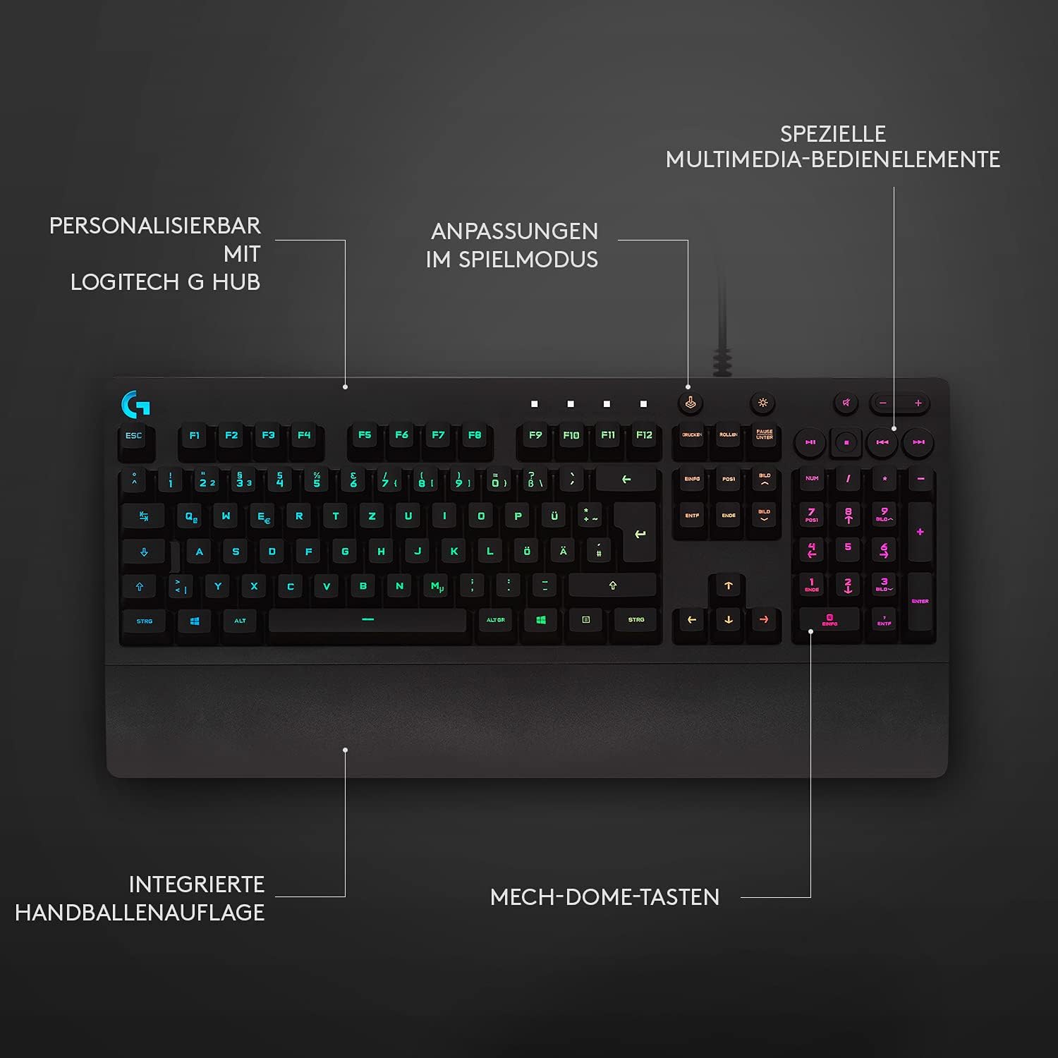 Logitech G213 Gaming Keyboard Prodigy, RGB-Beleuchtung, programmierbare G-Tasten, Multimedia-Bedienelemente, integrierte Handballenauflage, spritzwassergeschützt, deutsches QWERTZ-Layout, Schwarz – Bild 6