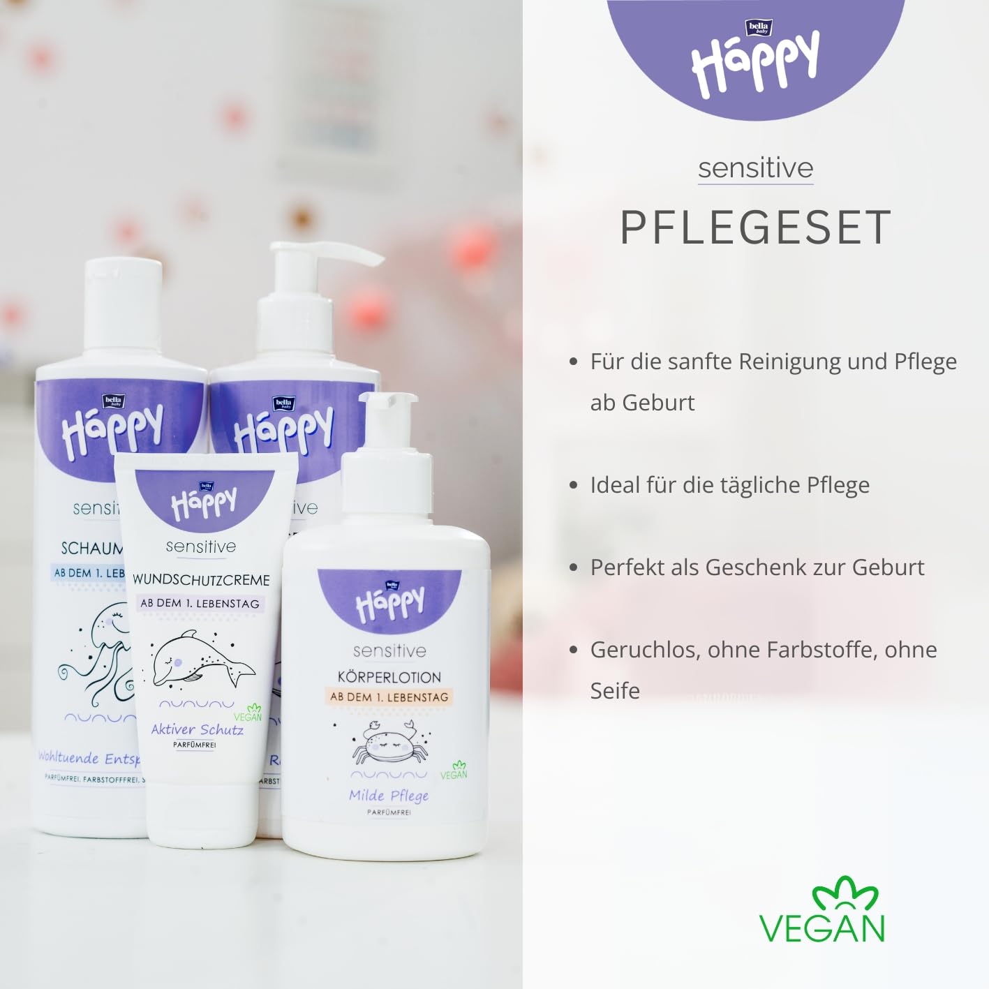 bella Baby Happy Sensitive Babypflege Rundum-Sorglos-Set, 4-teiliges Babypflegeset für Neugeborene, Erstausstattung, Babypflege Geschenkset, Babykosmetik – Bild 8