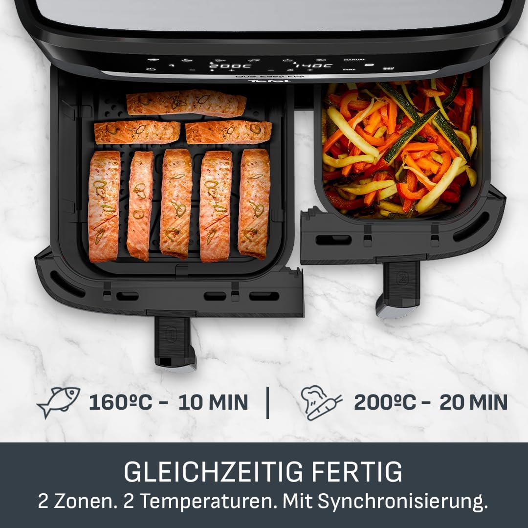 Tefal Dual Easy Fry Heißluftfritteuse 8,3 l – Airfryer mit 2 Kammern und XL-Schublade, 7 Programme, 2700 W, Extra Crisp-Technologie, fettarmes Frittieren und Energieeinsparung, spülmaschinenfest EY9018 – Bild 4