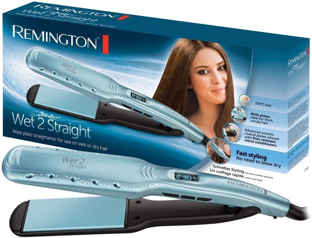 Remington Wet2Straight Wide Glätteisen (für Nass- und Trockenanwendung – zum Trocknen und Glätten der Haare, hitzeaktivierte Anti-Frizz-Mikrowirkstoffe), LCD-Display, 140–230 °C, Haarglätter S7350, Türkis