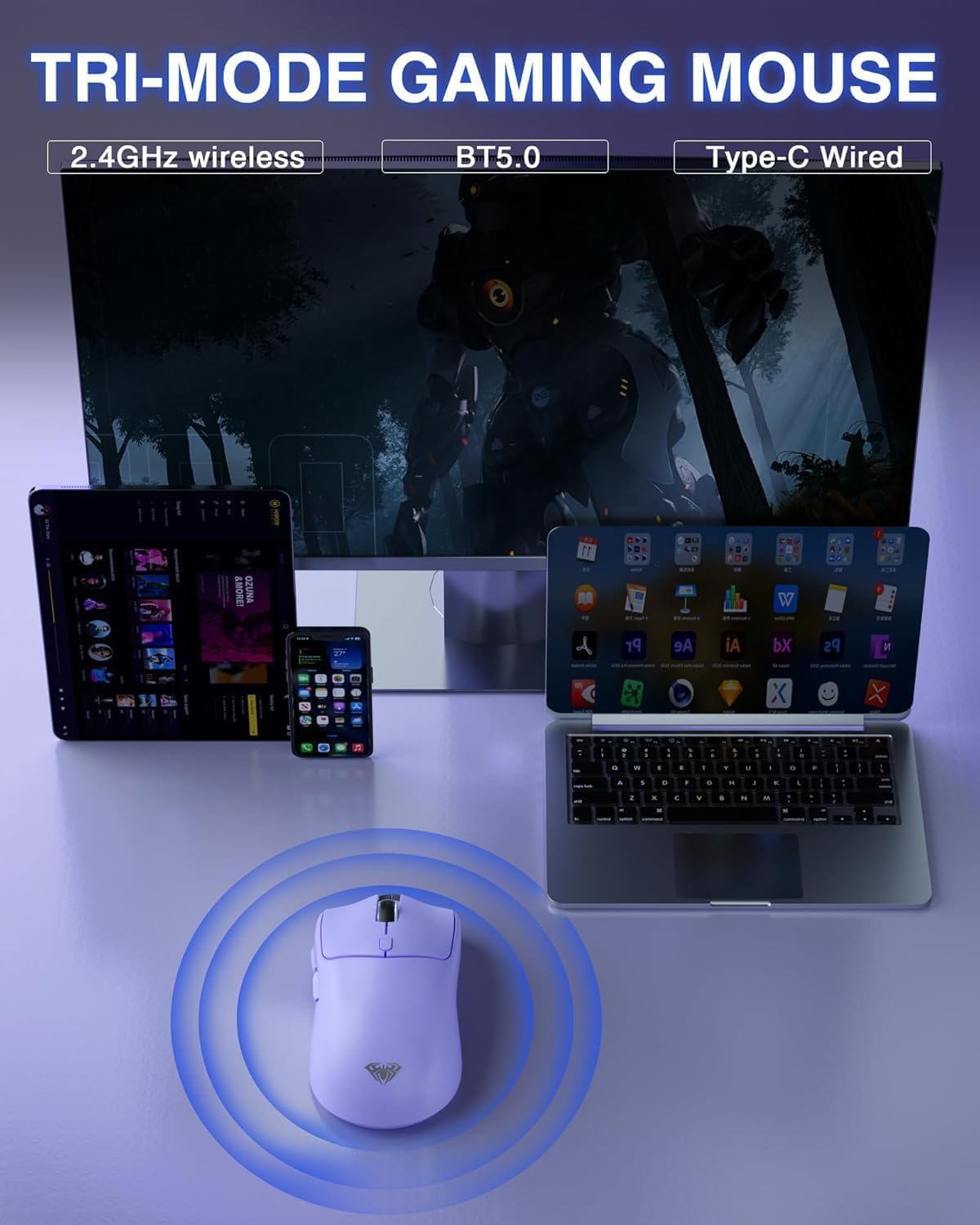 AULA SC580 Kabellose Gaming-Maus, 2,4 GHz/USB-C/BT Kabellose Gaming-Maus, 12000 DPI, 6 programmierbare Tasten, kabellose Maus für PC/Mac-Gamer (lila) – Bild 3