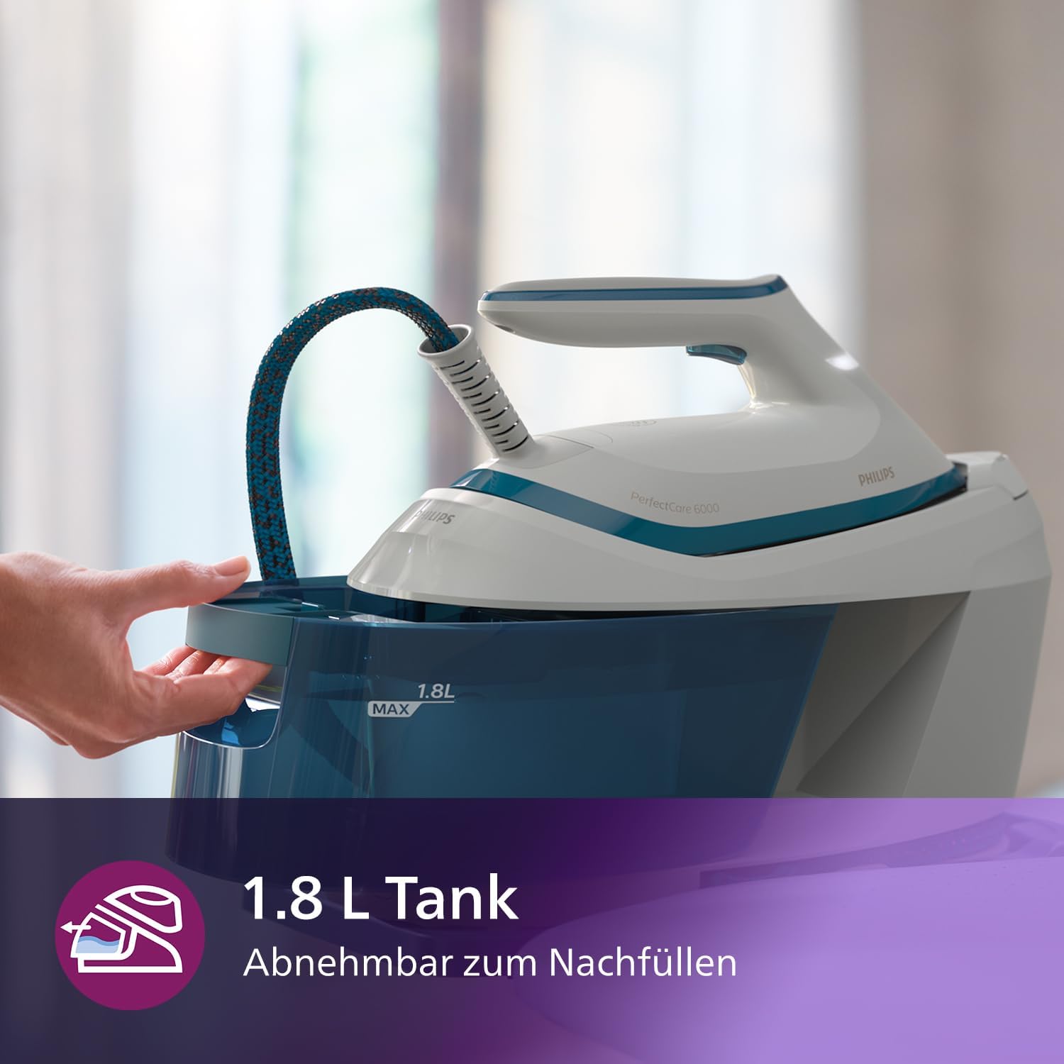 Philips PerfectCare 6000 Series Dampfgenerator, 2400 W, 500 g Dampfstoß, 6,5 Bar Druck, OptimalTEMP-Technologie, 1,8 Liter Tank, Weiß/Blau (PSG6022/20) – Bild 4