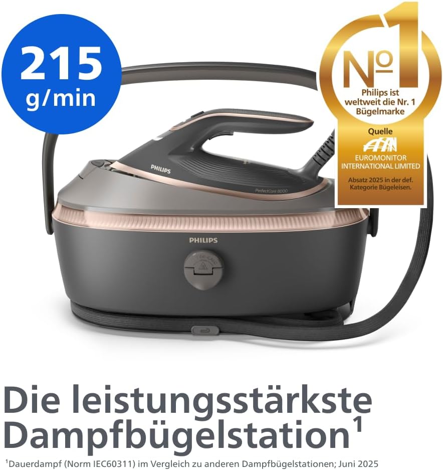 Philips PerfectCare 8000 Series Dampfbügelstation – 215 g Dauerdampf, 750 g Dampfstoß, leicht zu transportieren, OptimalTEMP, SteamGlide Elite, 1,4 l, einfache Entkalkung, garantiert keine Brandflecken (PSG8200/80) – Bild 2