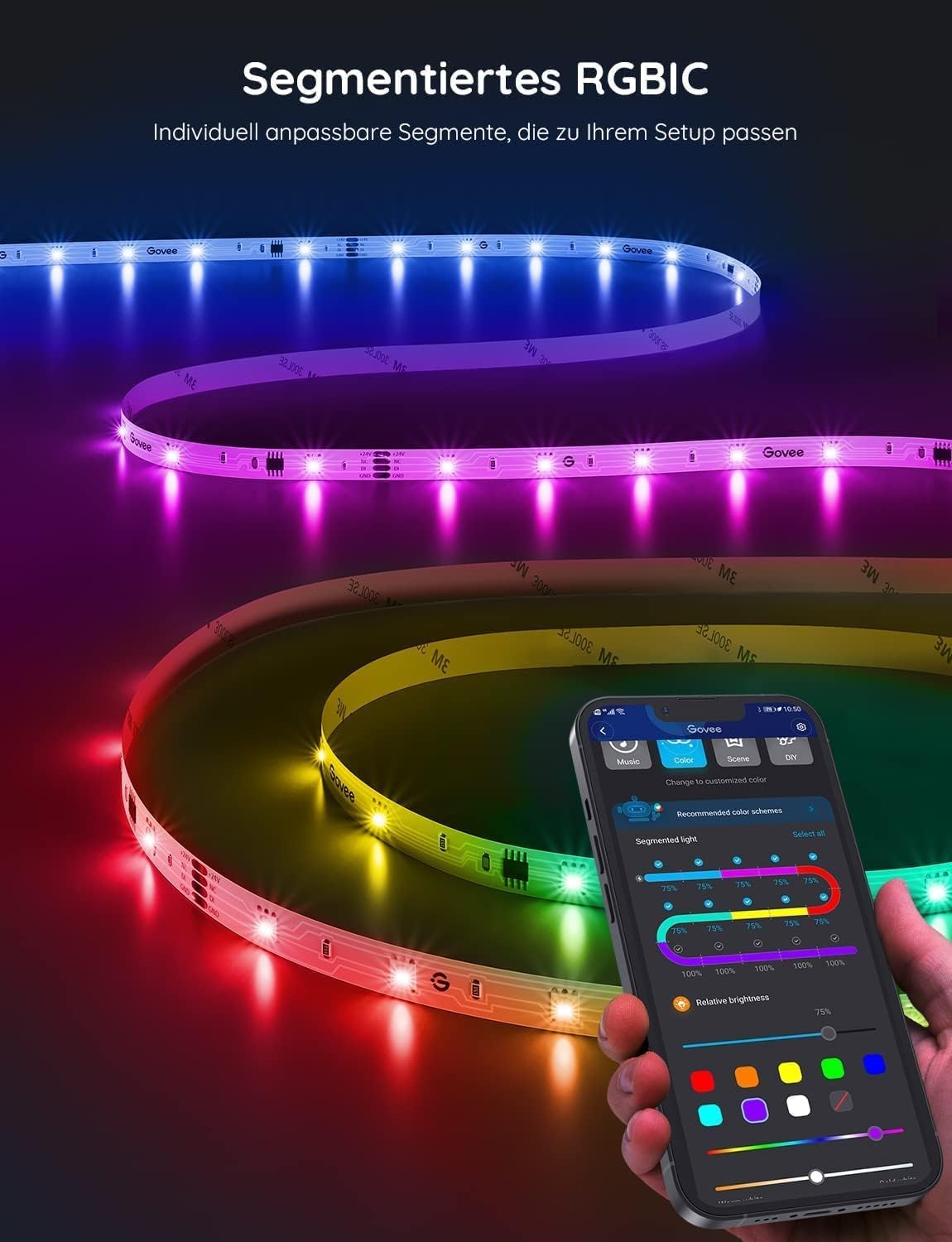 Govee LED-Streifen 20 m, RGBIC-LED-Streifen mit Segmentsteuerung, Musiksynchronisation, 64 Szenenmodi, steuerbar per App-Steuerung, Farbwechsel, geeignet für Zuhause, Schlafzimmer, 2 Rollen mit 10 m Streifen – Bild 2