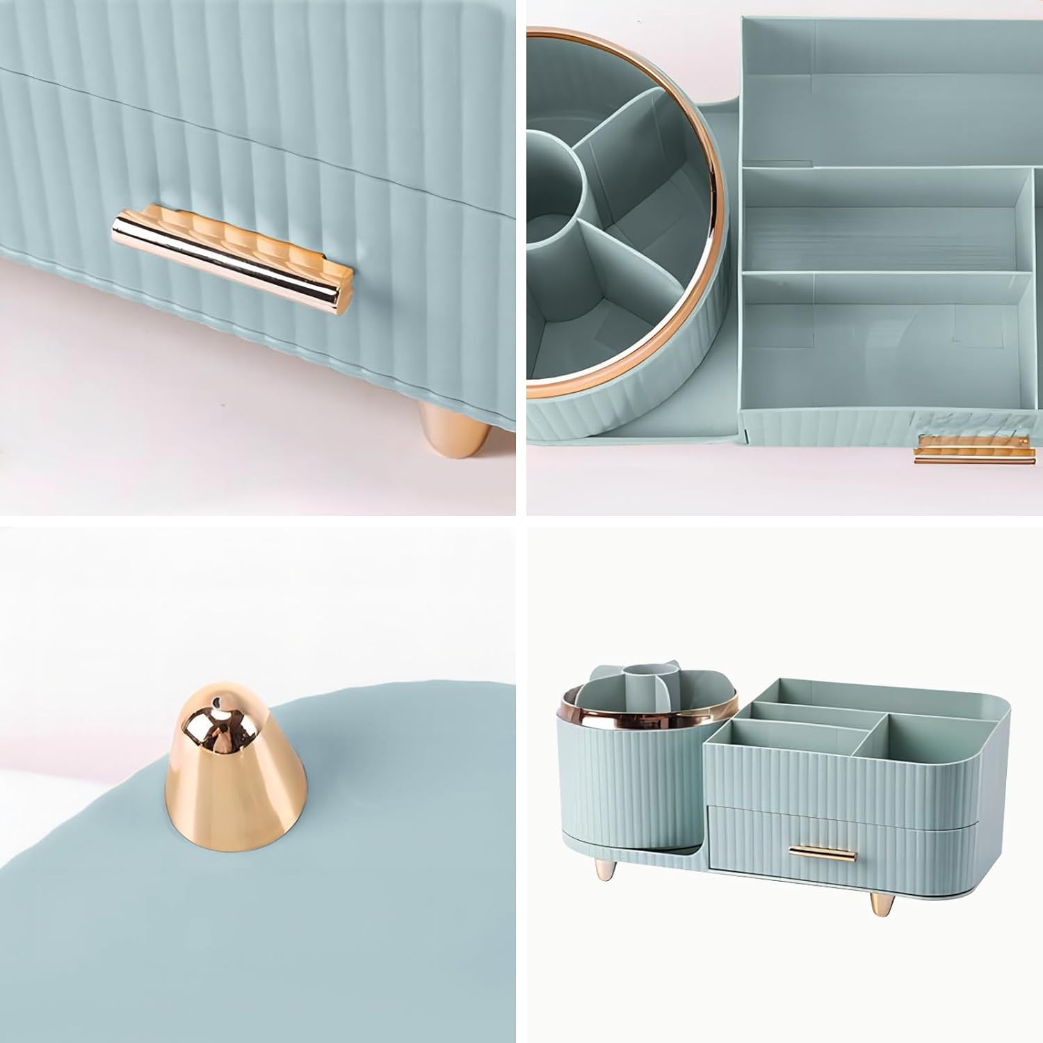 DASITON Make-up-Organizer, 360° drehbar, Make-up-Pinselhalter, Kosmetikaufbewahrung mit Schubladen, großer Schminktisch-Organizer für Schlafzimmer, Badezimmer, Make-up- und Hautpflege-Organizer (grün) – Bild 5