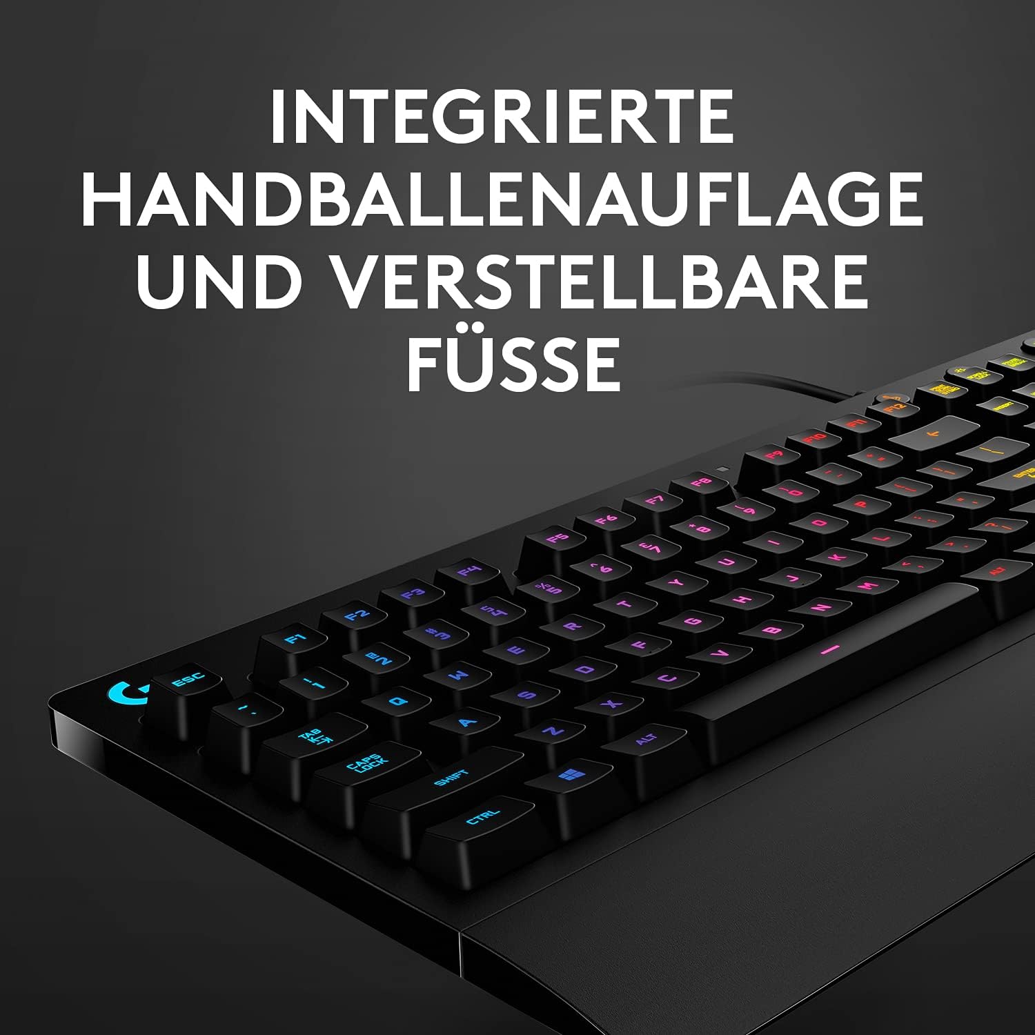Logitech G213 Gaming Keyboard Prodigy, RGB-Beleuchtung, programmierbare G-Tasten, Multimedia-Bedienelemente, integrierte Handballenauflage, spritzwassergeschützt, deutsches QWERTZ-Layout, Schwarz – Bild 5