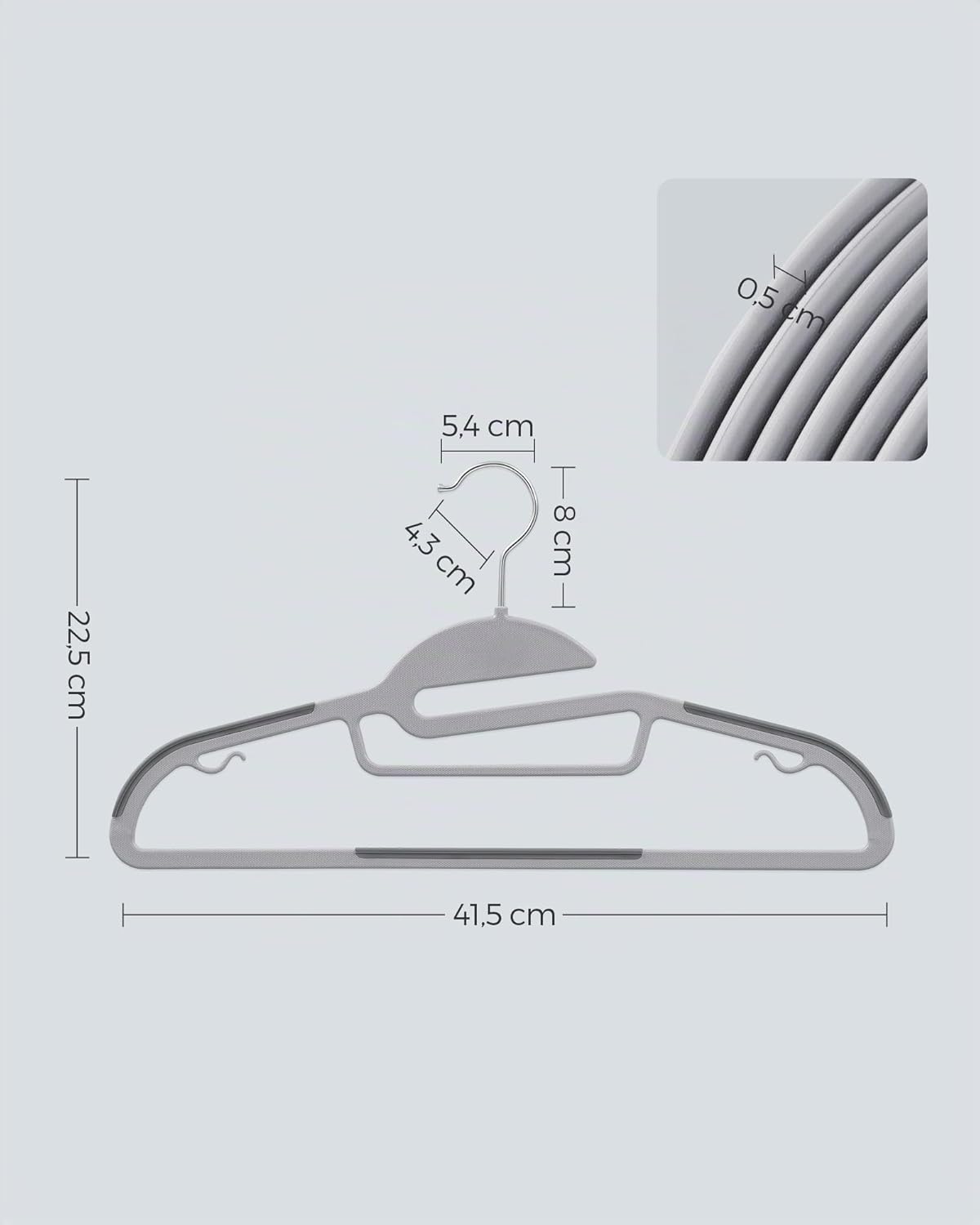 SONGMICS 20 Stück Kleiderbügel aus Kunststoff, strapazierfähig, S-förmige Öffnung, rutschfest, 0,5 cm dick, platzsparend, 360° drehbarer Haken, 41,5 cm breit – Bild 5