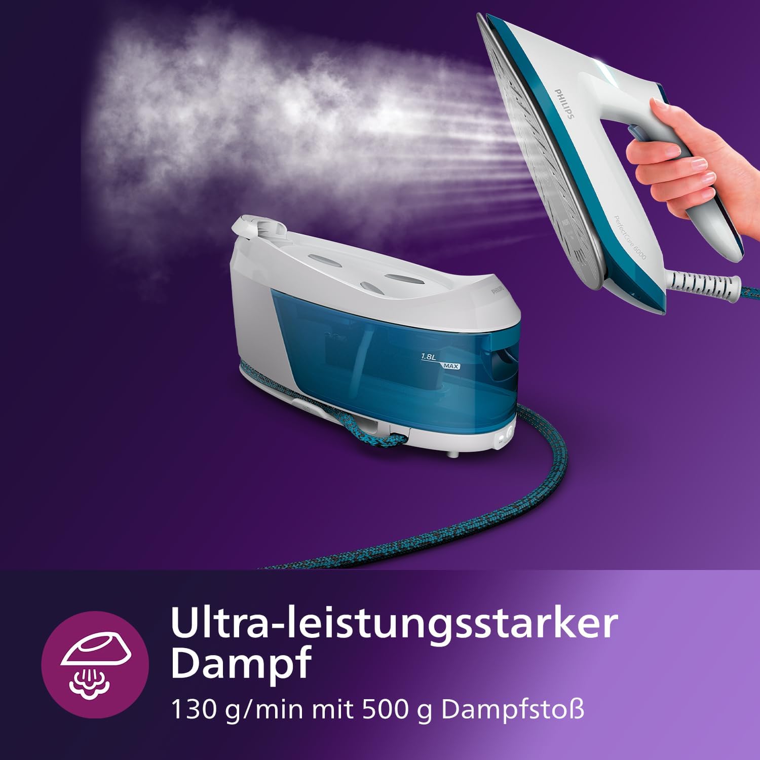 Philips PerfectCare 6000 Series Dampfgenerator, 2400 W, 500 g Dampfstoß, 6,5 Bar Druck, OptimalTEMP-Technologie, 1,8 Liter Tank, Weiß/Blau (PSG6022/20) – Bild 3
