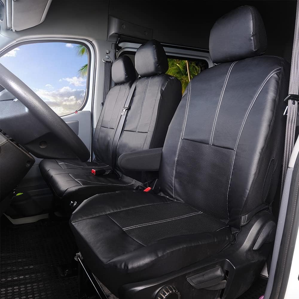 TOYOUN Universal Autositzbezüge für Transporter LKW Vordere Autositzbezüge Kunstleder Sitzbezug Fahrersitz + 2 Beifahrersitzbank Schonbezüge Schwarz – Bild 7