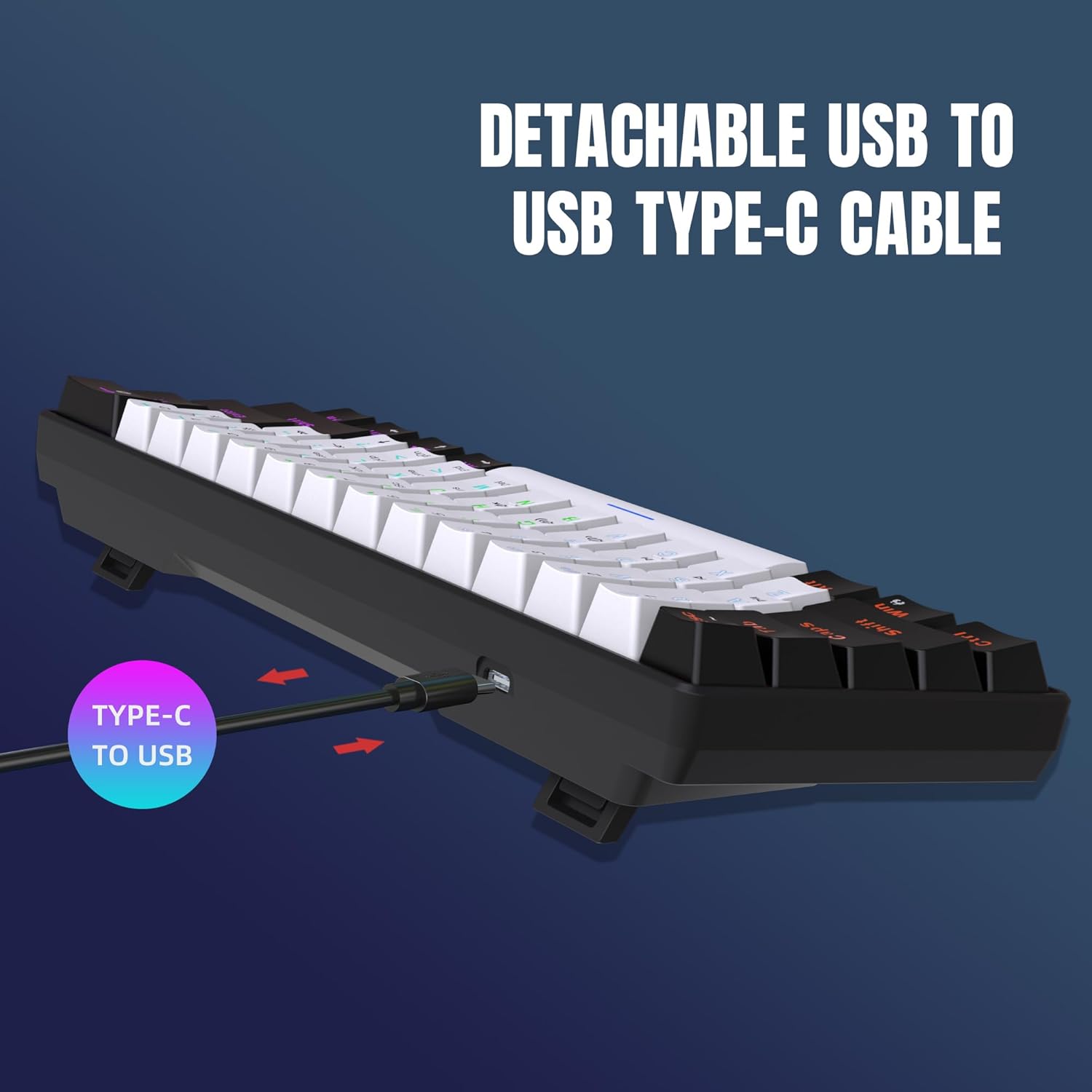Snpurdiri 60 % kabelgebundene mechanische Gaming-Tastatur, 61 Anti-Ghosting-Tasten, RGB-Hintergrundbeleuchtung, ultrakompakte blaue Schalter, zwei Ständer, Schwarz/Weiß – Bild 5