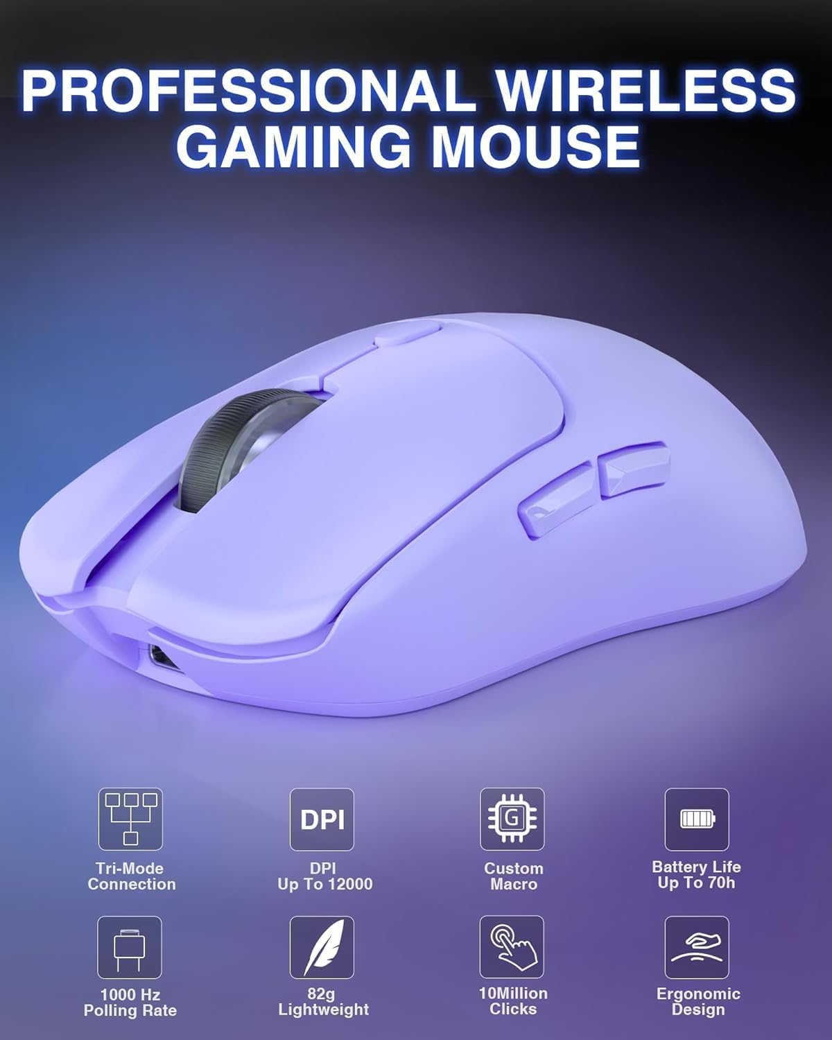 AULA SC580 Kabellose Gaming-Maus, 2,4 GHz/USB-C/BT Kabellose Gaming-Maus, 12000 DPI, 6 programmierbare Tasten, kabellose Maus für PC/Mac-Gamer (lila) – Bild 2