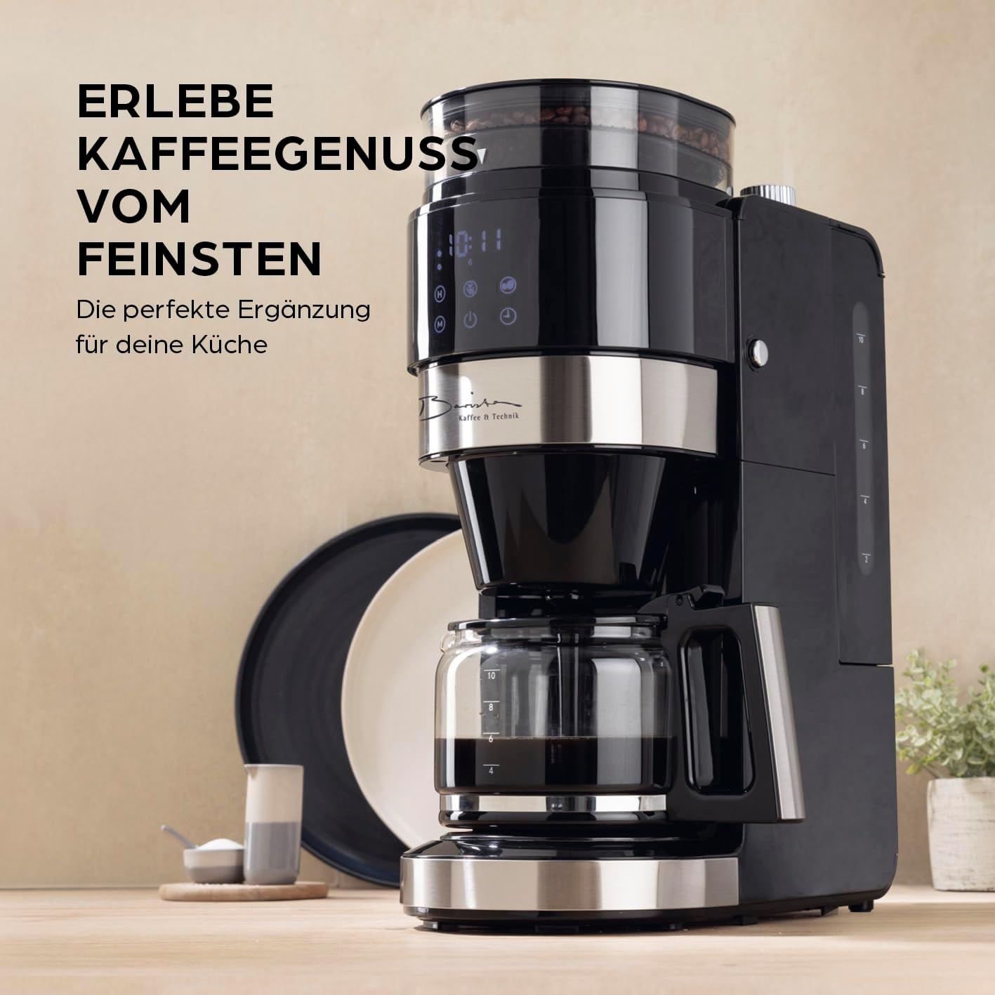 Barista-Filterkaffeemaschine mit verstellbarem Mahlwerk (Pro-Design) | Warmhaltefunktion, 24-Stunden-Timer und Permanentfilter | Für 10 Tassen Kaffee | Kaffeemaschine für Bohnen und Pulver (Edelstahl) – Bild 9