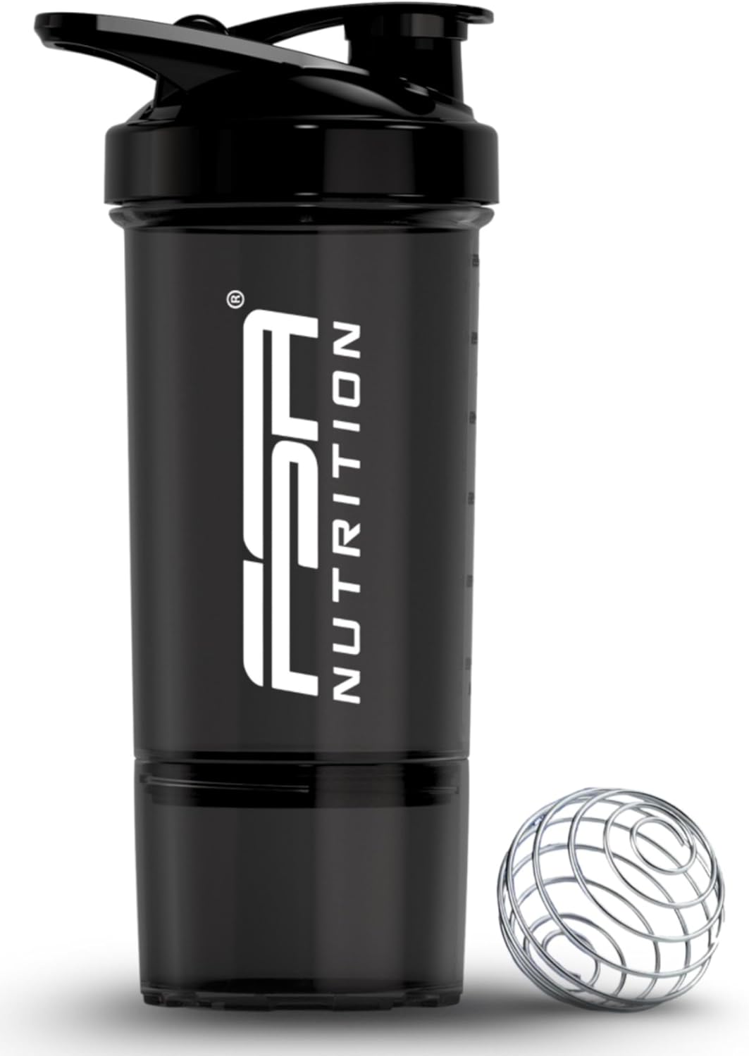 FSA Nutrition Protein-Shaker mit Pulverfach für cremige Shakes, mit Siebeinsatz und Behälter, BPA-frei und auslaufsicher, schwarz