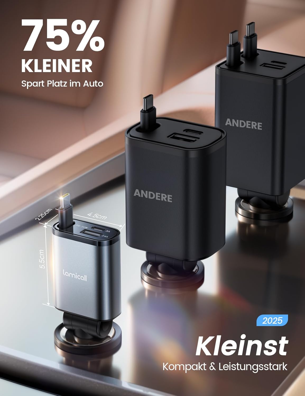 Lamicall 3-in-1-Zigarettenanzünder-USB-C-Autoladegerät - 【2026 Superkompakt】 50W USB-Adapter Auto-Schnellladegerät mit einziehbarem Typ-C-Kabel/USB C/USB A, 24/12V-Autoladegerät für iPhone/Samsung – Bild 2