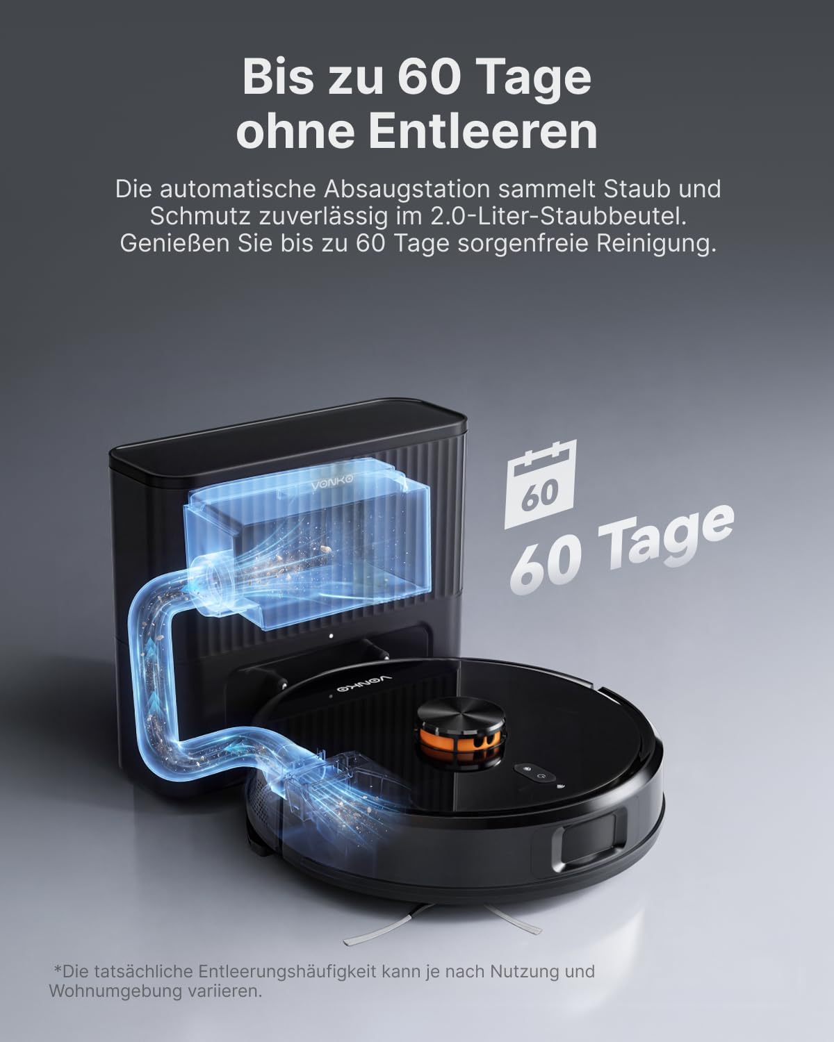 Vonko S6 Pro Saugroboter mit Wischfunktion und Saugstation, 8000 Pa Saugleistung, LiDAR 2.0 Lasernavigation, 180 Minuten Laufzeit, Teppicherkennung, App/Alexa, ideal für Tierhaare, Hartböden, Schwarz – Bild 4