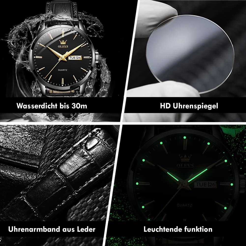 OLEVS Herrenuhren Braun Schwarz Lederarmband Quarzuhr Männer mit Wochentagsdatum Wasserdicht Leuchtend Klassisch Elegant Armbanduhr Geschenk – Bild 6