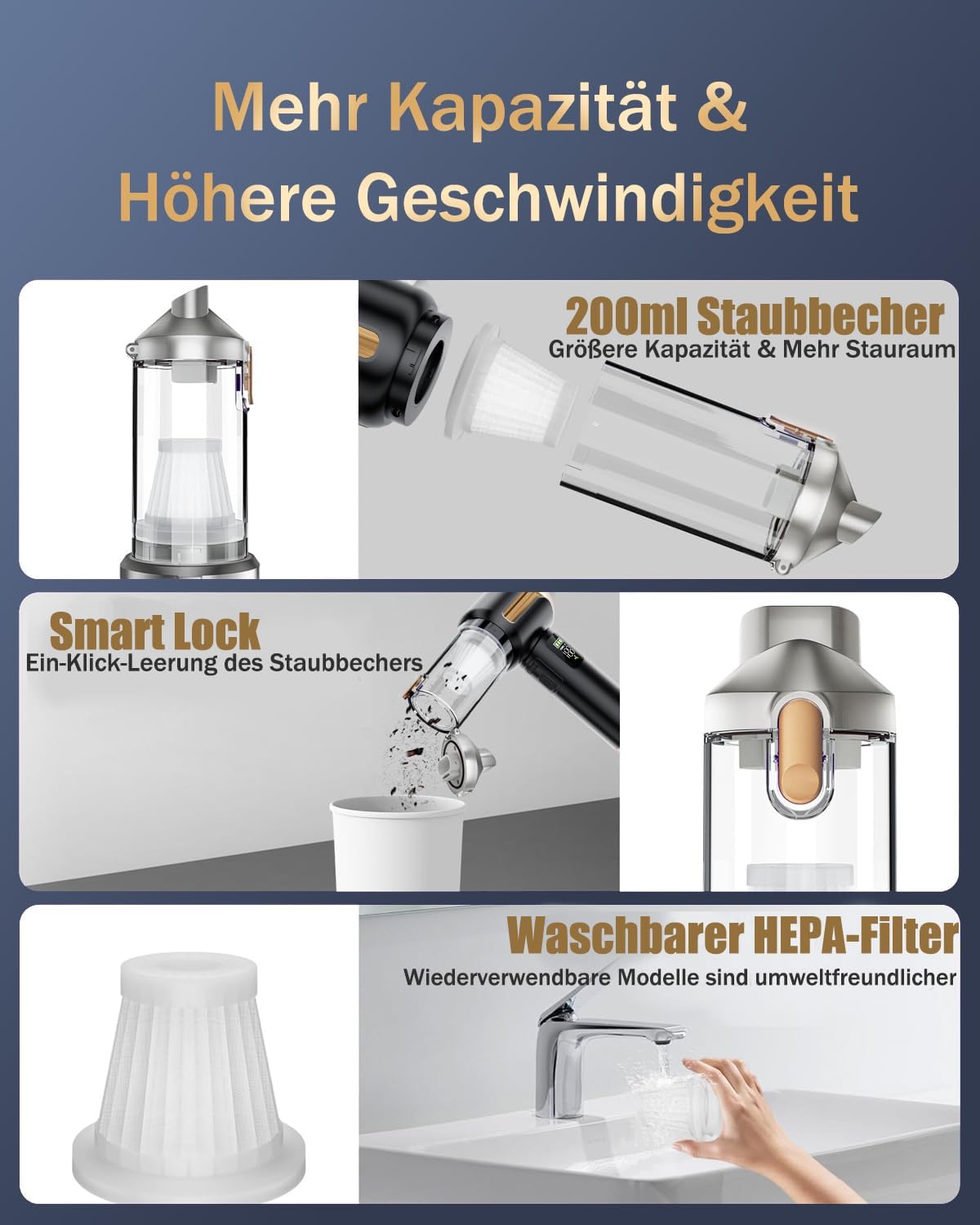 Kabelloser Mini-Handstaubsauger mit 27.000 Pa für das Auto | Auto-Staubsauger, 220.000 U/min, wiederaufladbar, tragbar, elektrischer Staubbläser für Auto, Küche, PC, Sofa, Büro – Bild 7