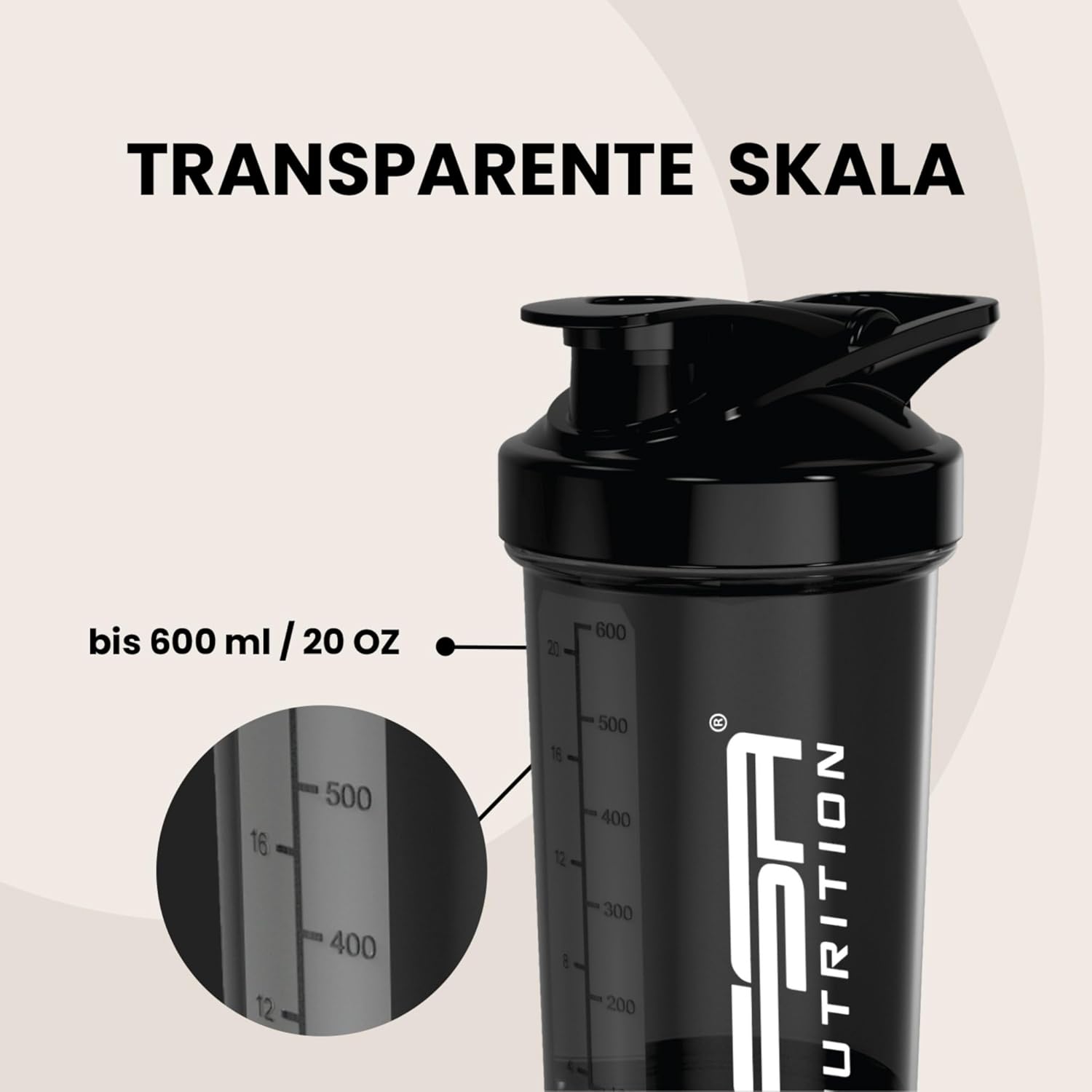 FSA Nutrition Protein-Shaker mit Pulverfach für cremige Shakes, mit Siebeinsatz und Behälter, BPA-frei und auslaufsicher, schwarz – Bild 3