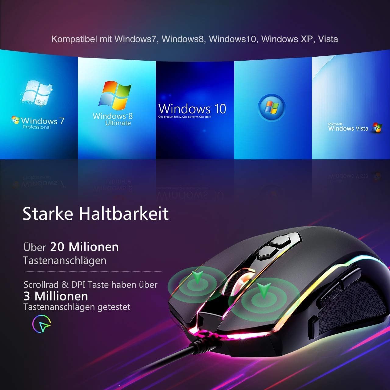 RGB-Gaming-Maus, Gamer-Maus mit 8 programmierbaren Tasten, 7200 DPI/RGB-Beleuchtung/einstellbare Spielprofile, USB-Kabel mit ergonomischem Design für MMO-, MOBA- oder FPS-Spiele für PC/Mac – Bild 6