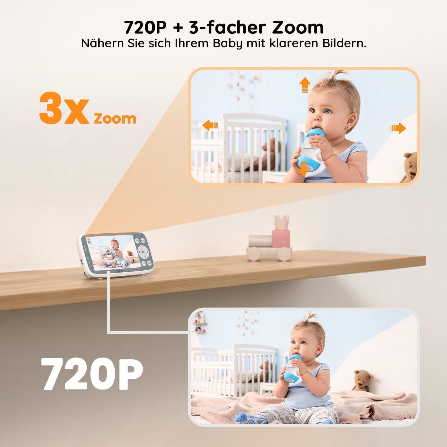 2026 BOIFUN Babyphone mit Kamera, 4-Zoll-720P-Monitor, kein WLAN, Nachtsicht, 10 Stunden Akkulaufzeit, 2-Wege-Audio, Geräuscherkennung, Temperaturerkennung, 3-facher Zoom, Schlaflieder – Bild 6