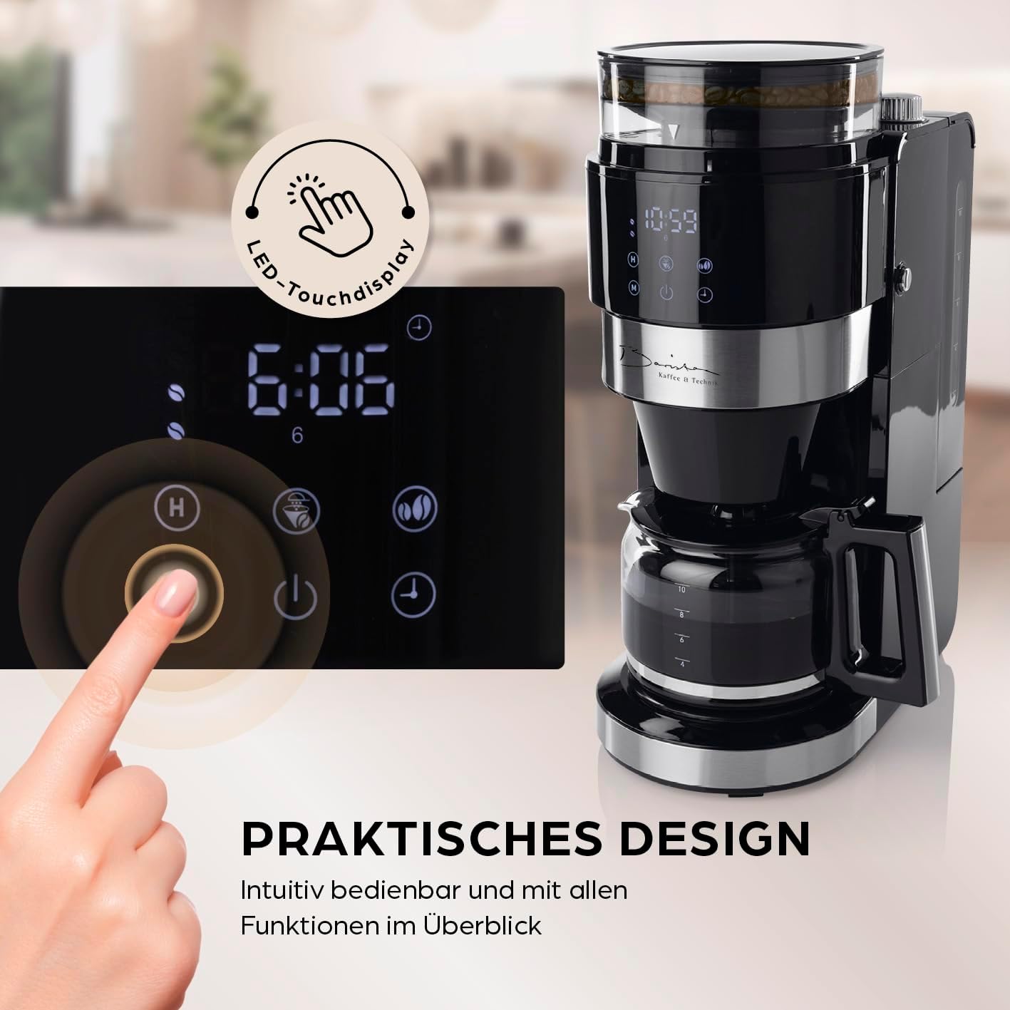 Barista-Filterkaffeemaschine mit verstellbarem Mahlwerk (Pro-Design) | Warmhaltefunktion, 24-Stunden-Timer und Permanentfilter | Für 10 Tassen Kaffee | Kaffeemaschine für Bohnen und Pulver (Edelstahl) – Bild 4