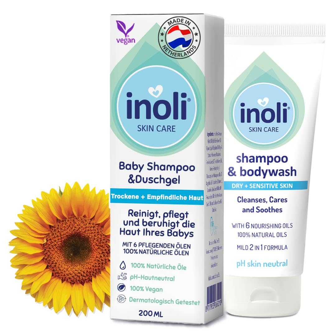 Baby 2-in-1 Shampoo & Duschgel | pH-neutral | Sanfte Babypflege mit 6 natürlichen Ölen: Sojaöl, Sonnenblumenöl, Leindotteröl, Aprikosenkernöl, Vitamin E & Provitamin B5 | 200 ml