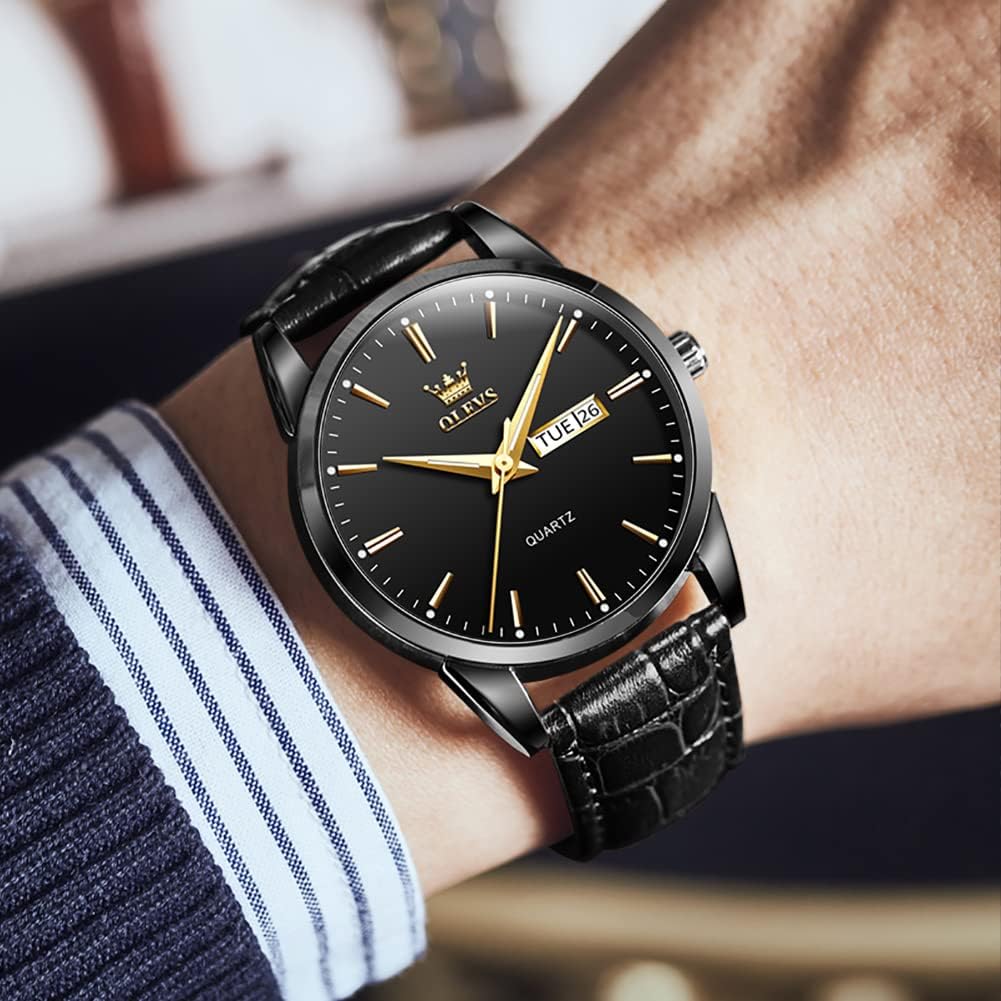 OLEVS Herrenuhren Braun Schwarz Lederarmband Quarzuhr Männer mit Wochentagsdatum Wasserdicht Leuchtend Klassisch Elegant Armbanduhr Geschenk – Bild 4