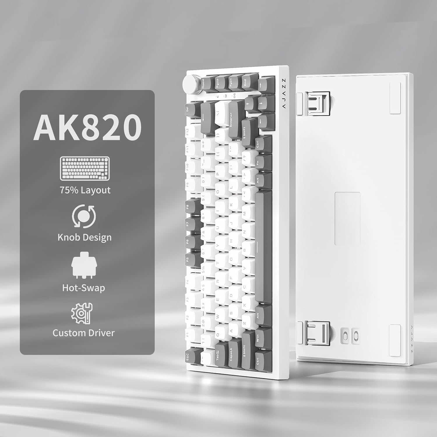 AK820 grau-weiße kabelgebundene mechanische Tastatur, Gaming-Tastatur, Tastertür, weißes Licht, Lautstärkeregelung, 82 Tasten, PBT-Tastenkappen, Poron-Baumwolle, Hot-Swap-fähige Tastatur, Gaming-Tastatur, 75-Prozent-Tastatur – Bild 2