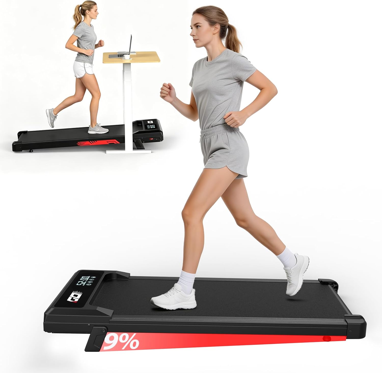 Zusammenklappbares elektrisches Laufband mit 9 % Steigung, Gehpad leise 1–10 km/h für Zuhause und Büro, bürstenloser 3,0-PS-Motor, LED-Anzeige, Stoßdämpfung, bis zu 140 kg