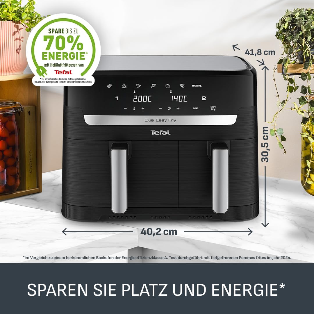 Tefal Dual Easy Fry Heißluftfritteuse 8,3 l – Airfryer mit 2 Kammern und XL-Schublade, 7 Programme, 2700 W, Extra Crisp-Technologie, fettarmes Frittieren und Energieeinsparung, spülmaschinenfest EY9018 – Bild 8