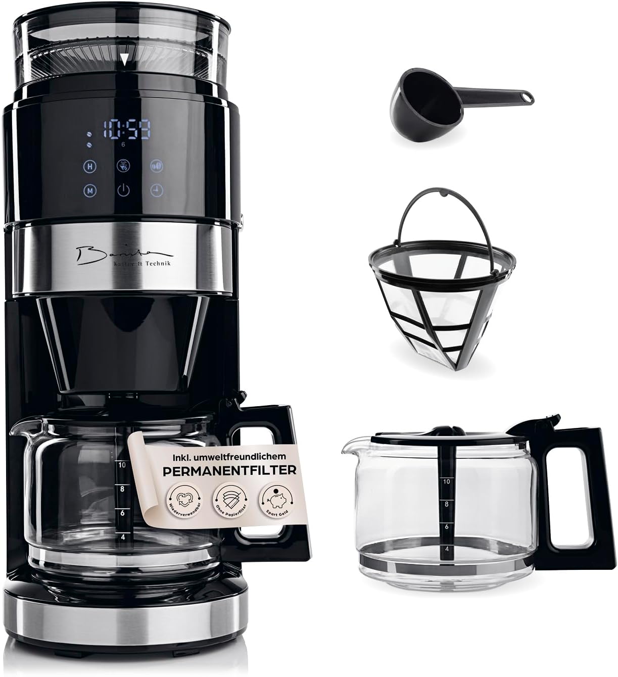 Barista-Filterkaffeemaschine mit verstellbarem Mahlwerk (Pro-Design) | Warmhaltefunktion, 24-Stunden-Timer und Permanentfilter | Für 10 Tassen Kaffee | Kaffeemaschine für Bohnen und Pulver (Edelstahl)