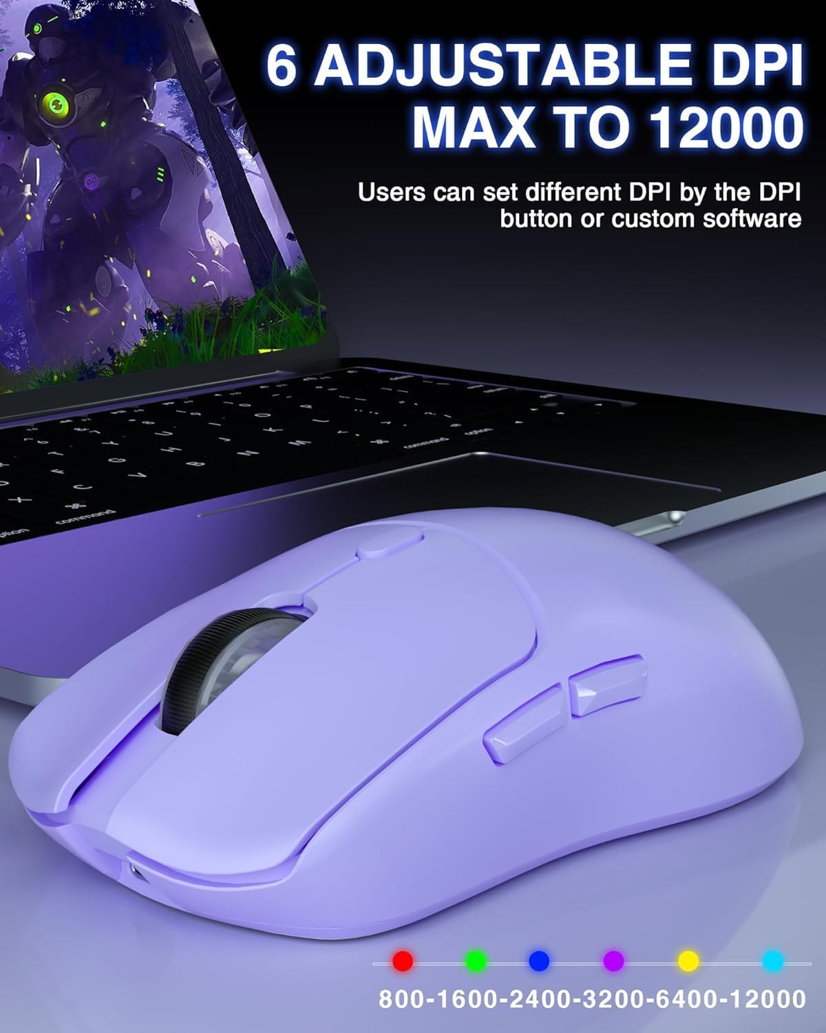AULA SC580 Kabellose Gaming-Maus, 2,4 GHz/USB-C/BT Kabellose Gaming-Maus, 12000 DPI, 6 programmierbare Tasten, kabellose Maus für PC/Mac-Gamer (lila) – Bild 4
