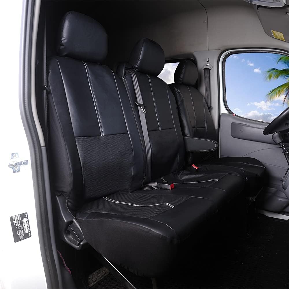 TOYOUN Universal Autositzbezüge für Transporter LKW Vordere Autositzbezüge Kunstleder Sitzbezug Fahrersitz + 2 Beifahrersitzbank Schonbezüge Schwarz – Bild 8