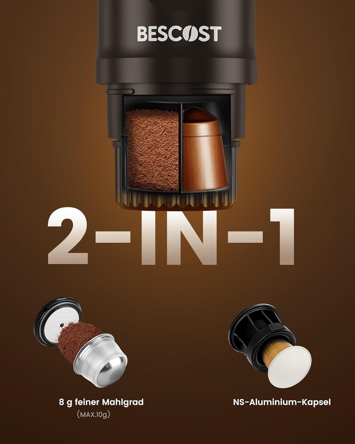 Tragbare Espressomaschine mit Akku 20 Bar, Camping-Kaffeemaschine für Reisen, USB-C, 2-in-1 Reisekaffeemaschine für NS-Kapseln & Kaffeepulver, Auto, Wohnmobil, Wandern, Reisen – Bild 2