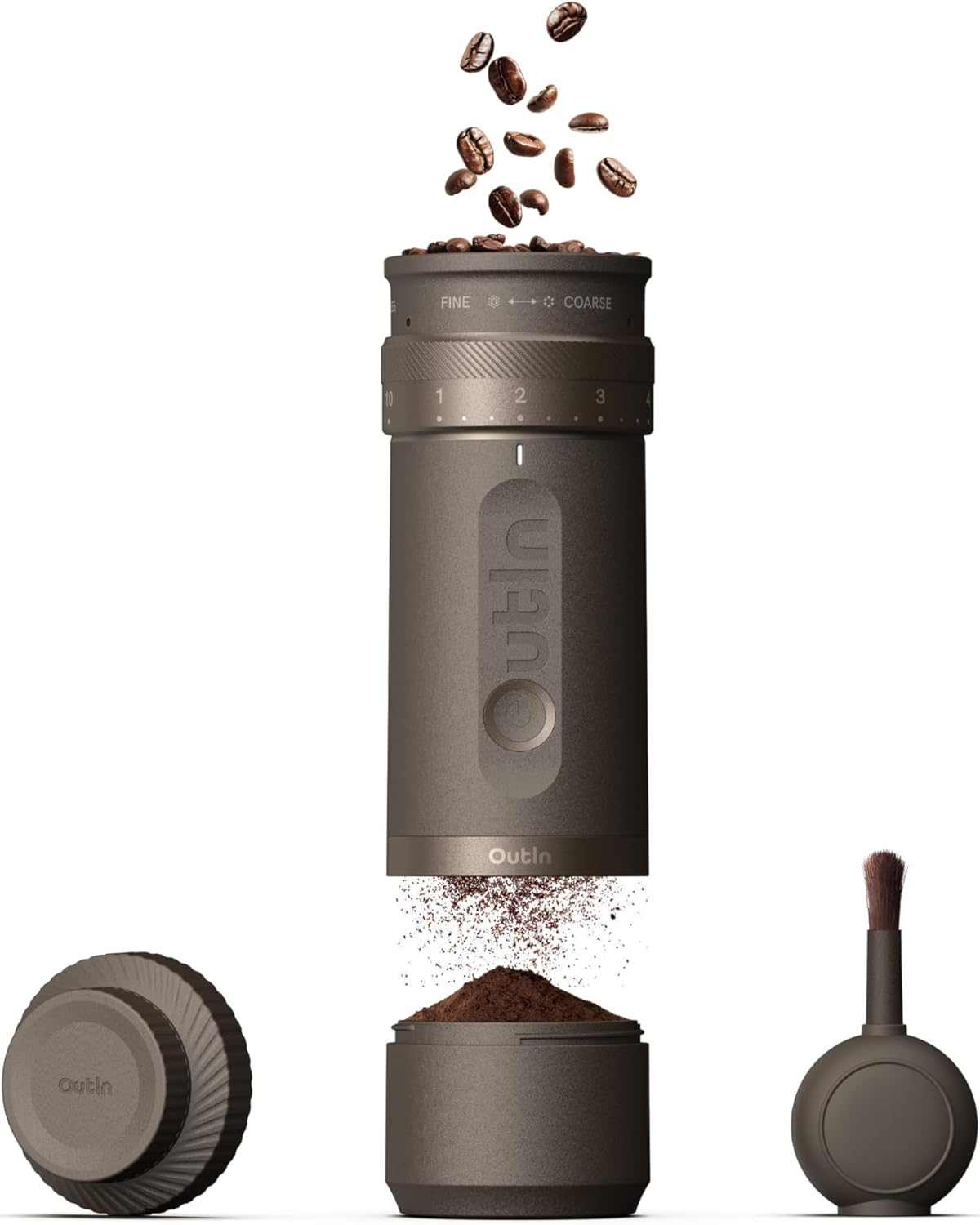OutIn Fino Tragbare elektrische Kaffeemühle, Kegelmahlwerk – 28 externe Mahlstufen, 7-Sterne-Edelstahlkegel und Ein-Knopf-Bedienung, kompakte Kaffeemühle Espresso mit Schnellladung, für Reisen und Haushalt
