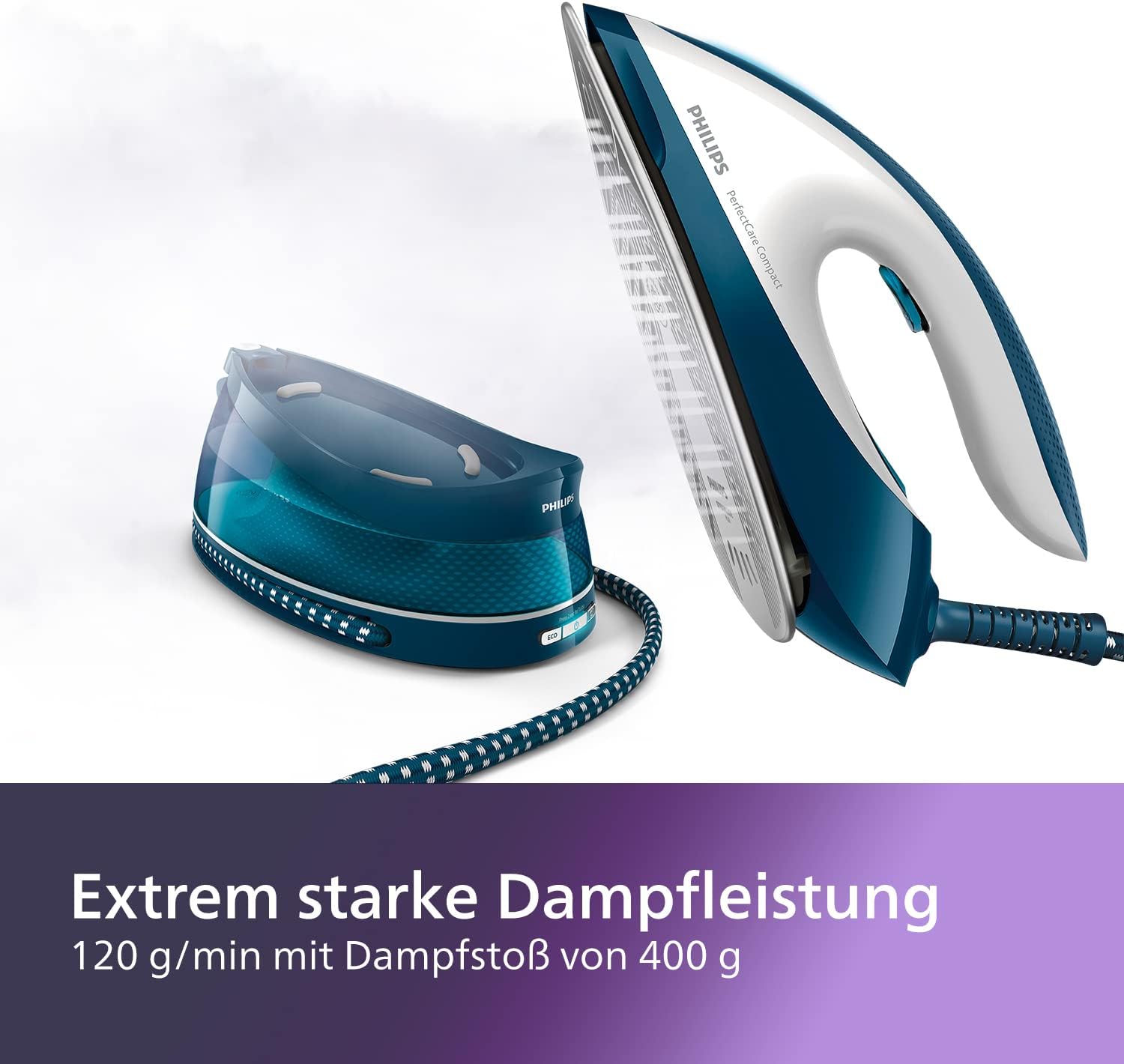 Philips Domestic Appliances Perfect Care Kompakt-Dampfbügeleisen, OptimalTemp-Technologie, 120 g/min Dauerdampf, 2400 W, 6,5 Bar Druck, 1,5 Liter Wassertank, SteamGlide-Bügelsohle, Blau (GC7844/20) – Bild 3