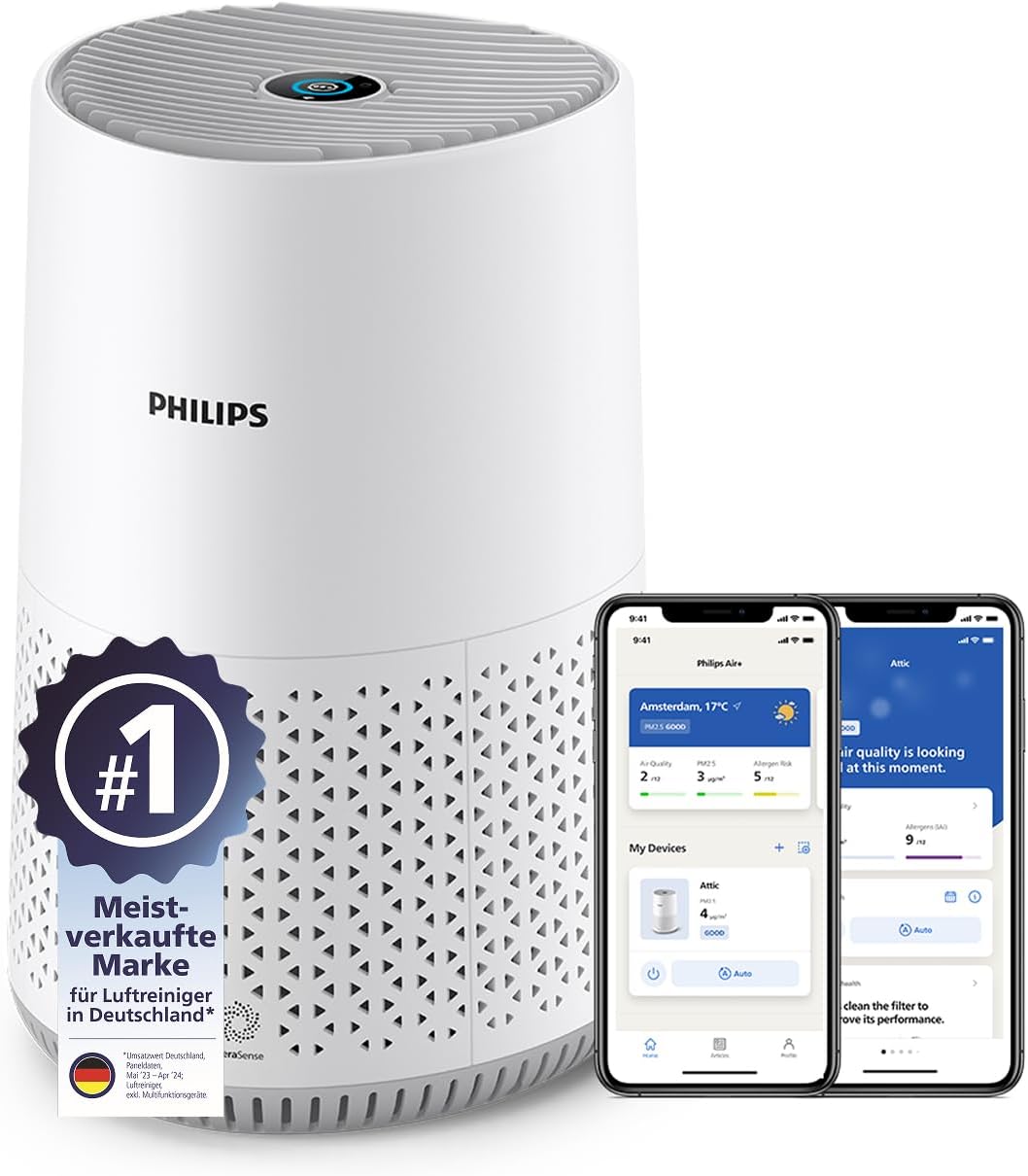 Philips Luftreiniger 600 Serie, energieeffizient mit Smart Sensor, für Allergiker, HEPA-Filter entfernt 99,97 % der Schadstoffe, deckt bis zu 44 m² ab, App-Steuerung, weiß (AC0651/10)