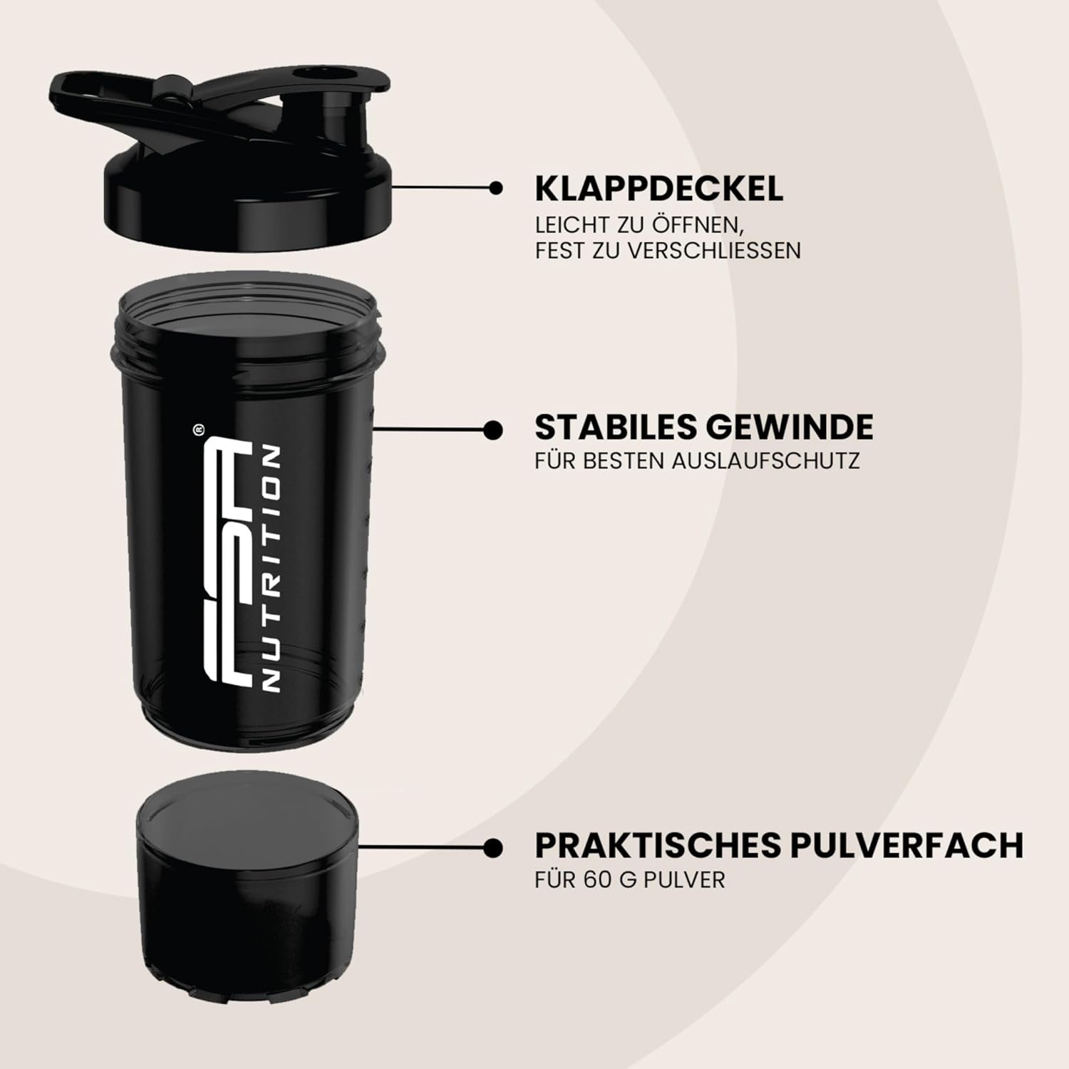 FSA Nutrition Protein-Shaker mit Pulverfach für cremige Shakes, mit Siebeinsatz und Behälter, BPA-frei und auslaufsicher, schwarz – Bild 2