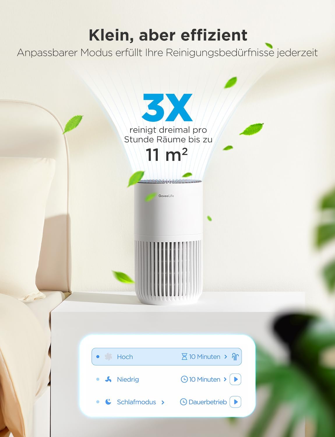 GoveeLife Mini-Luftreiniger für Schlafzimmer, Intell.HEPA-Filter mit Alexa-App-Steuerung zur Vermeidung von Tierhaaren, Gerüchen, Pollen, Rauch, tragbarer Luftreiniger mit 3 Geschwindigkeiten, 2 Modi, Timer, Geschmacksrichtungen – Bild 4