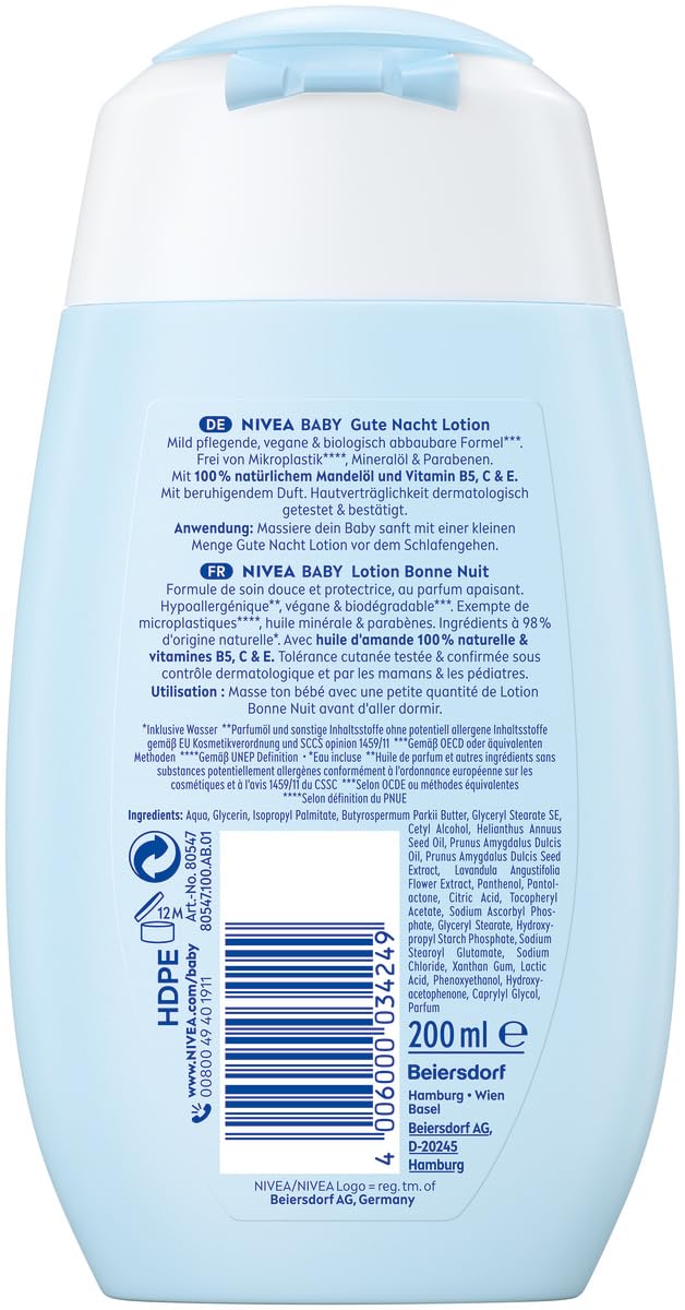 Nivea Baby Gute Nacht Lotion, Bodylotion pflegt zarte Babyhaut mit Mandelöl, Vitamin E, C und B5, vegane Babylotion mit hypoallergener Formel ohne Parabene und Mikroplastik (200 ml) – Bild 8