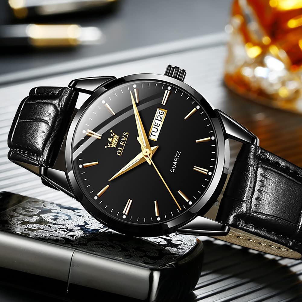 OLEVS Herrenuhren Braun Schwarz Lederarmband Quarzuhr Männer mit Wochentagsdatum Wasserdicht Leuchtend Klassisch Elegant Armbanduhr Geschenk – Bild 3