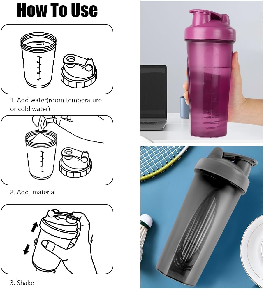 Protein Shaker, 600 ml Protein Shaker, Protein Shaker mit Messskala und Kugel, BPA-frei, auslaufsicher, langlebig, geruchsneutral Shake Cup, Shaker für cremiges Whey Protein Pulver (Schwarz + Lila) – Bild 3