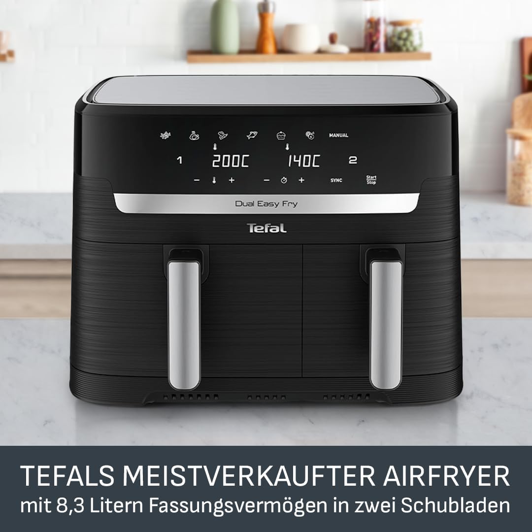 Tefal Dual Easy Fry Heißluftfritteuse 8,3 l – Airfryer mit 2 Kammern und XL-Schublade, 7 Programme, 2700 W, Extra Crisp-Technologie, fettarmes Frittieren und Energieeinsparung, spülmaschinenfest EY9018 – Bild 2