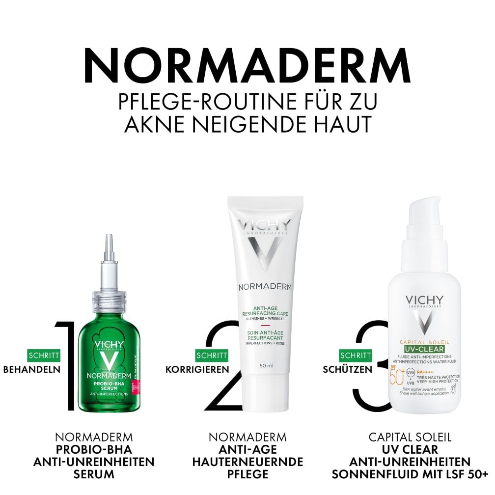 VICHY Anti-Age Tagescreme für unreine und zu Falten neigende Haut, reduziert Falten und Unreinheiten, verfeinert die Poren, mit LHA, Glykolsäure und Vitamin C, Normaderm Anti-Age, 50 ml – Bild 10