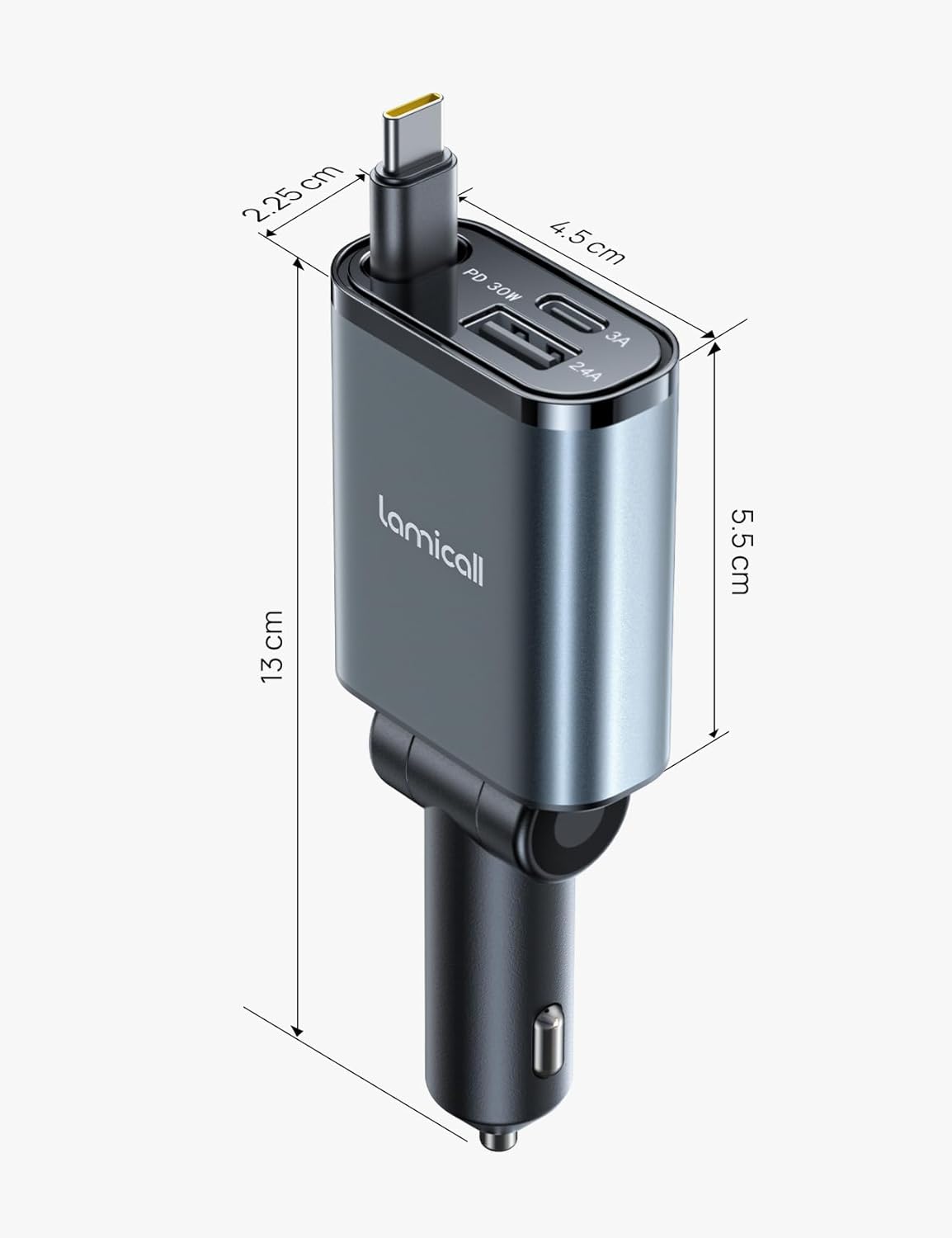 Lamicall 3-in-1-Zigarettenanzünder-USB-C-Autoladegerät - 【2026 Superkompakt】 50W USB-Adapter Auto-Schnellladegerät mit einziehbarem Typ-C-Kabel/USB C/USB A, 24/12V-Autoladegerät für iPhone/Samsung – Bild 7